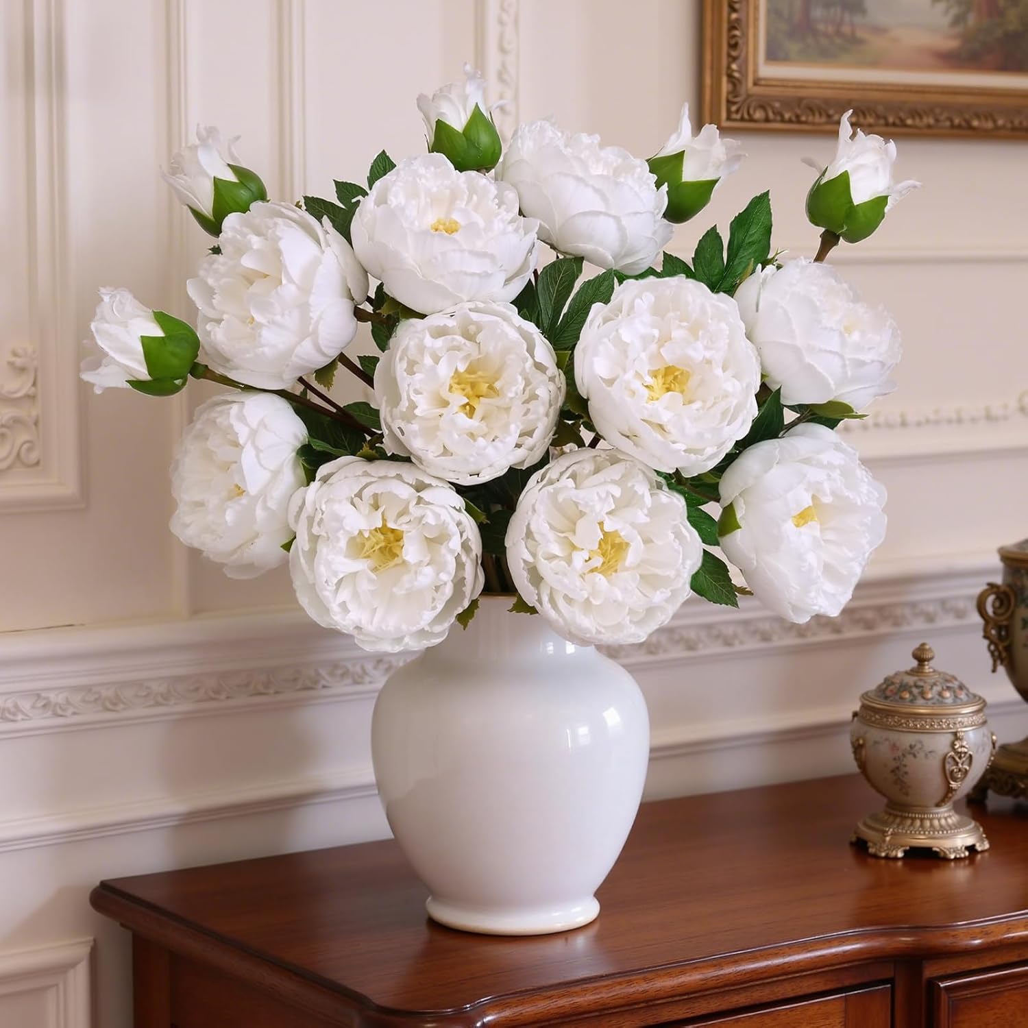 MARTINE MALL 5PCS Real Touch Peonies Artificial Flowers, 22in White Fake Peonies Artificial Peonies Flowers Latex Large Faux Peony Flowers for Centerpiece Table Wedding Party Home Decor