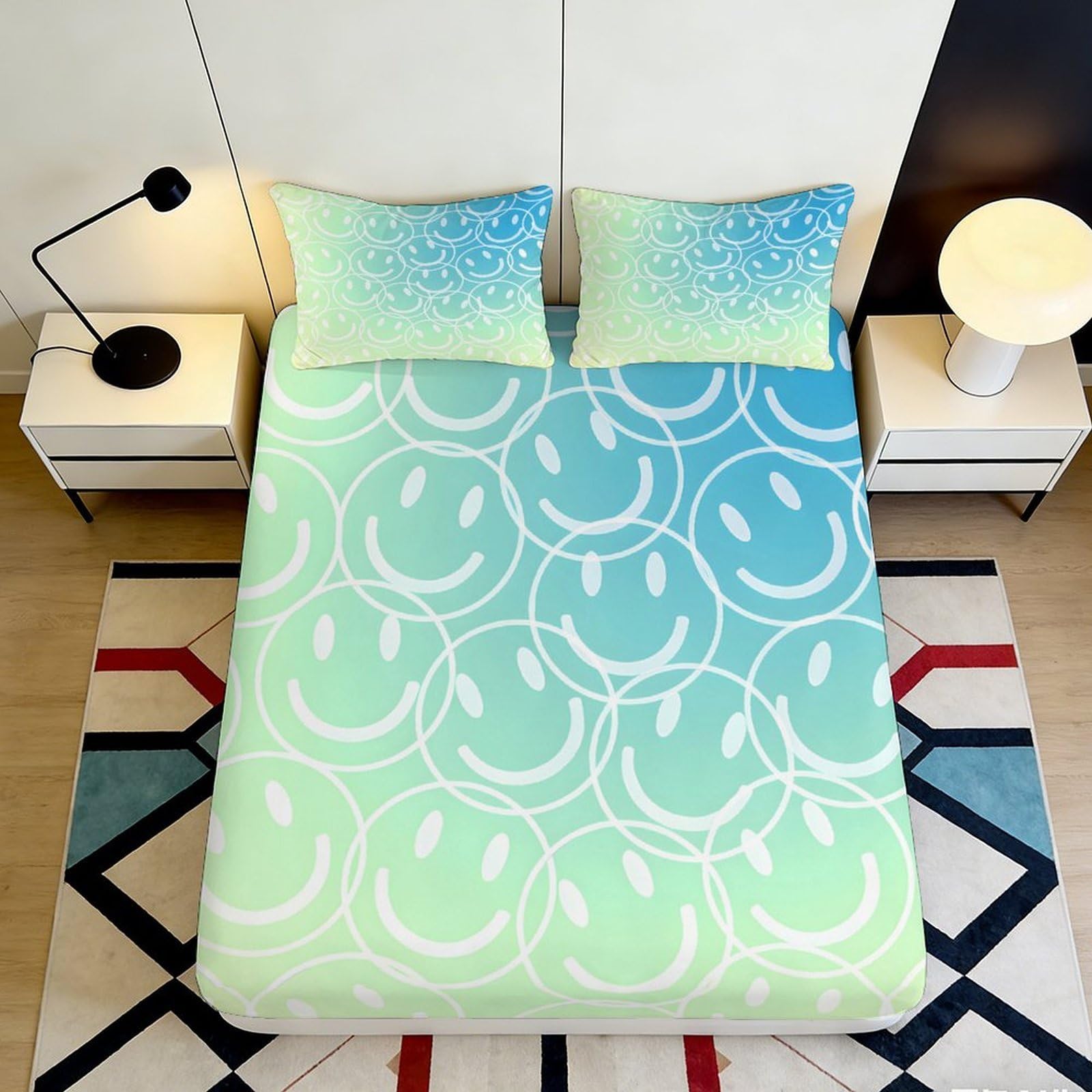 3D Printed Gradient Smiley Fitted Sheet Microfiber Soft Breathable Happy Face Mattress Cover Bedroom Decor 90x200x25cm