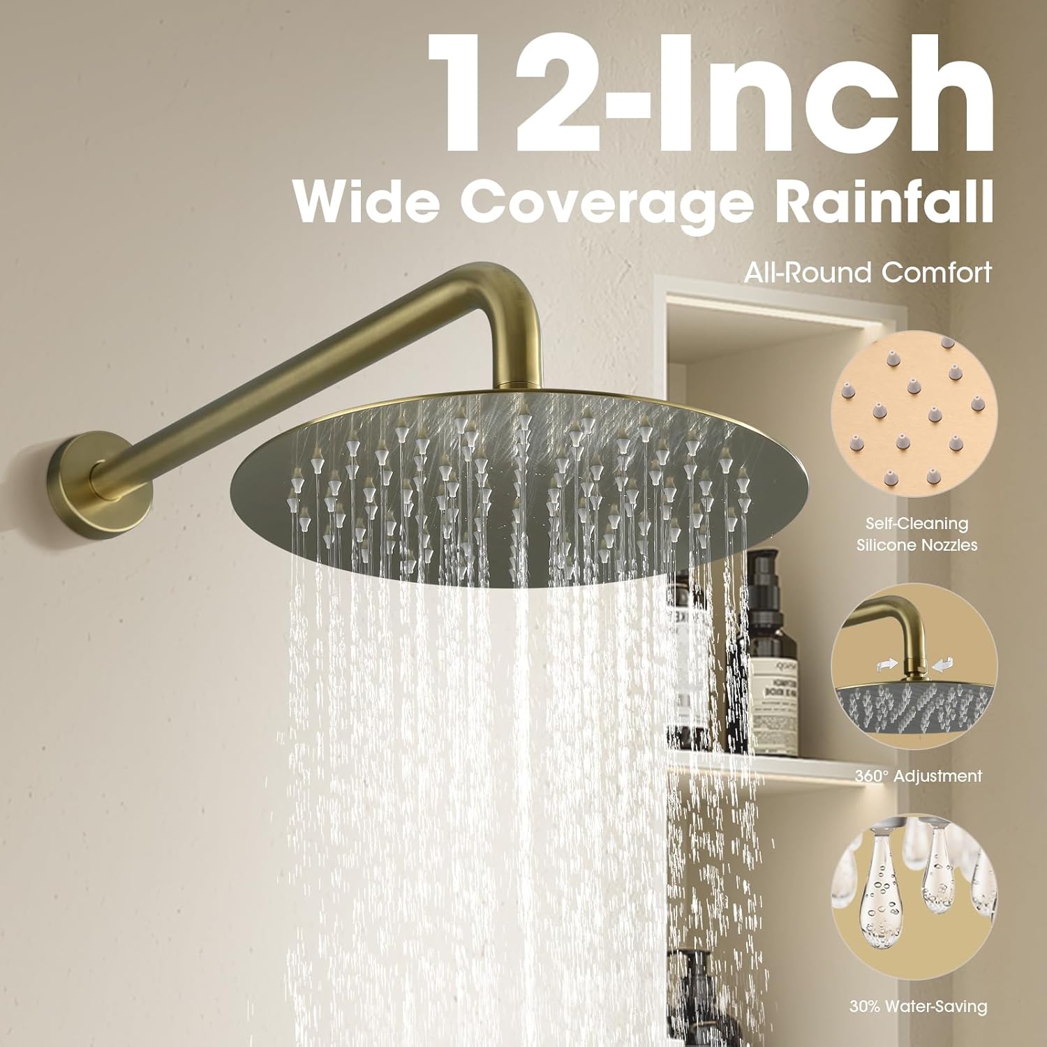 TRUSTMI Brushed Gold Shower System 12 Inch Rainfall Shower Set with Brass Rough-In Valve and Trim Kit, Brick-Pattern Single-Threaded Knob Handle
