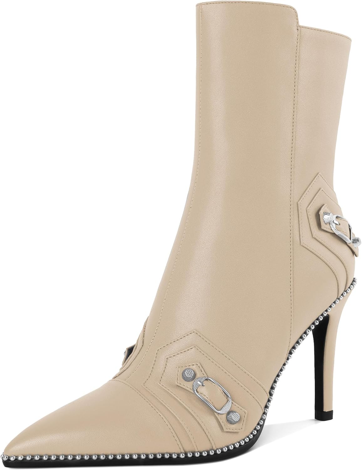 AUMOTED Pointed Toe Side Zipper Stiletto High Heel Buckle Ankle Boots for Women Sexy Mid Calf Booties 3.7 Inches Beaded Boots