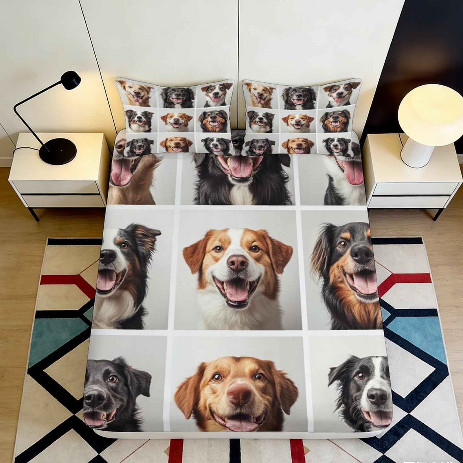 3D Printed Happy Dog Pattern Fitted Sheet Microfiber Soft Durable Smiling Dog Faces Bed Cover for Bedroom Dormitory Guest Room Mattress Protection 180x200x25cm