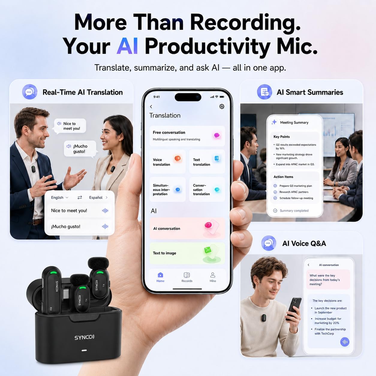 A hand holding a smartphone displaying the SYNCO AI app with options for real-time AI translation, AI smart summaries, and AI voice Q&A. The SYNCO AI Mini Wireless Lavalier Microphone system is shown in the foreground.