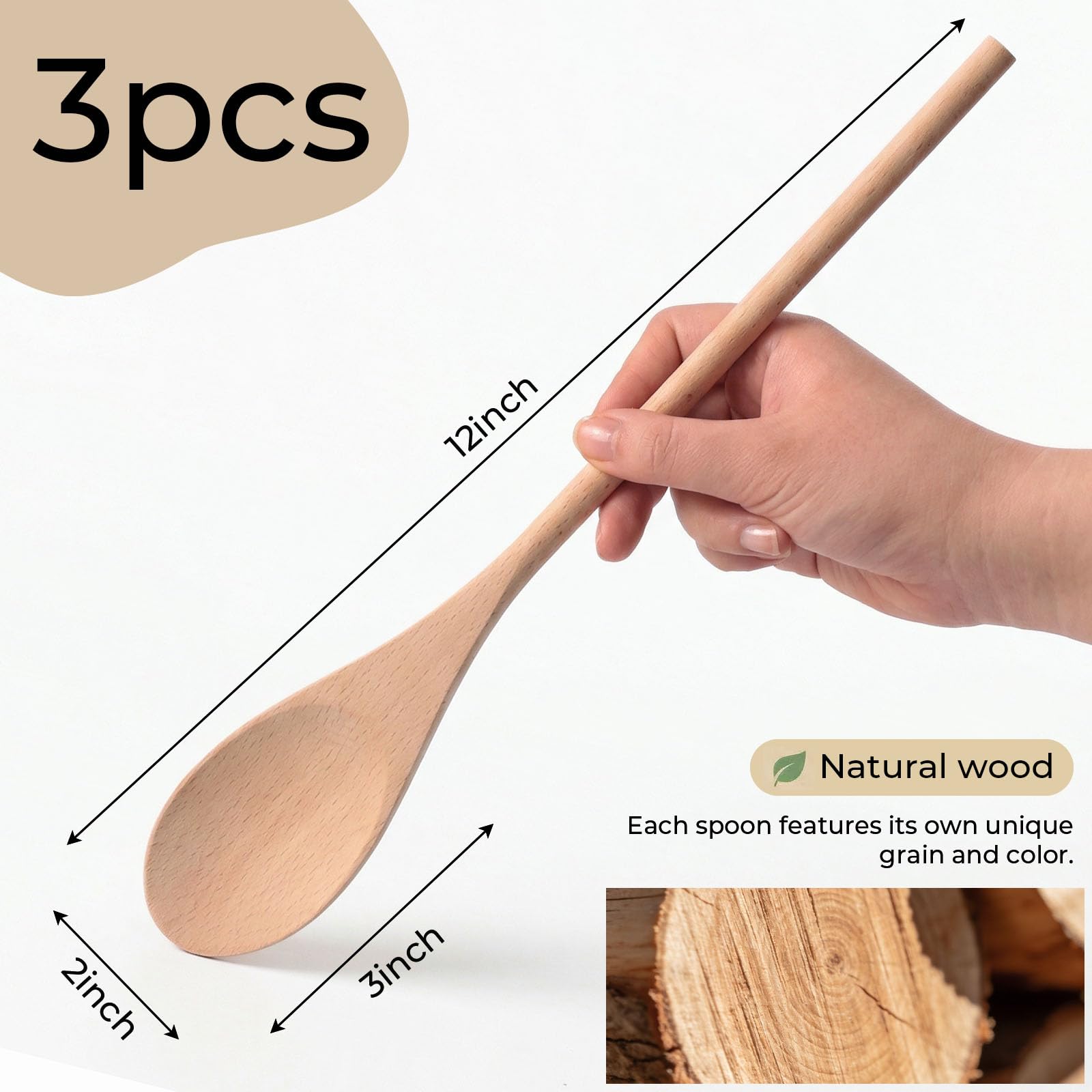 HANSGO 3 cucharas de madera para cocinar, cucharas mezcladoras de mango largo de 12 pulgadas para hornear, degustar, remover alimentos, sopas calientes, utensilios de madera grandes para utensilios de
