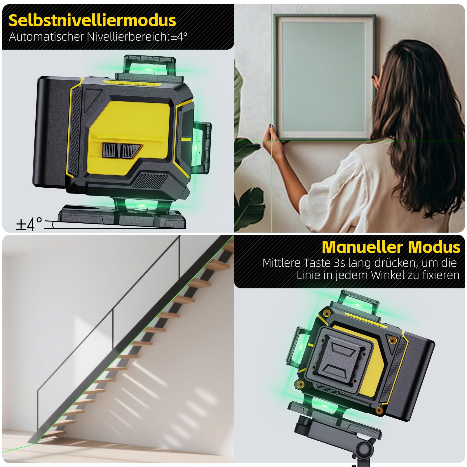 Laser a linee incrociate, colore verde, 16 linee, 4 livella a bolla laser autolivellante, laser a linea per costruzione e allineamento, 2 batterie, supporto magnetico, luminosità regolabile