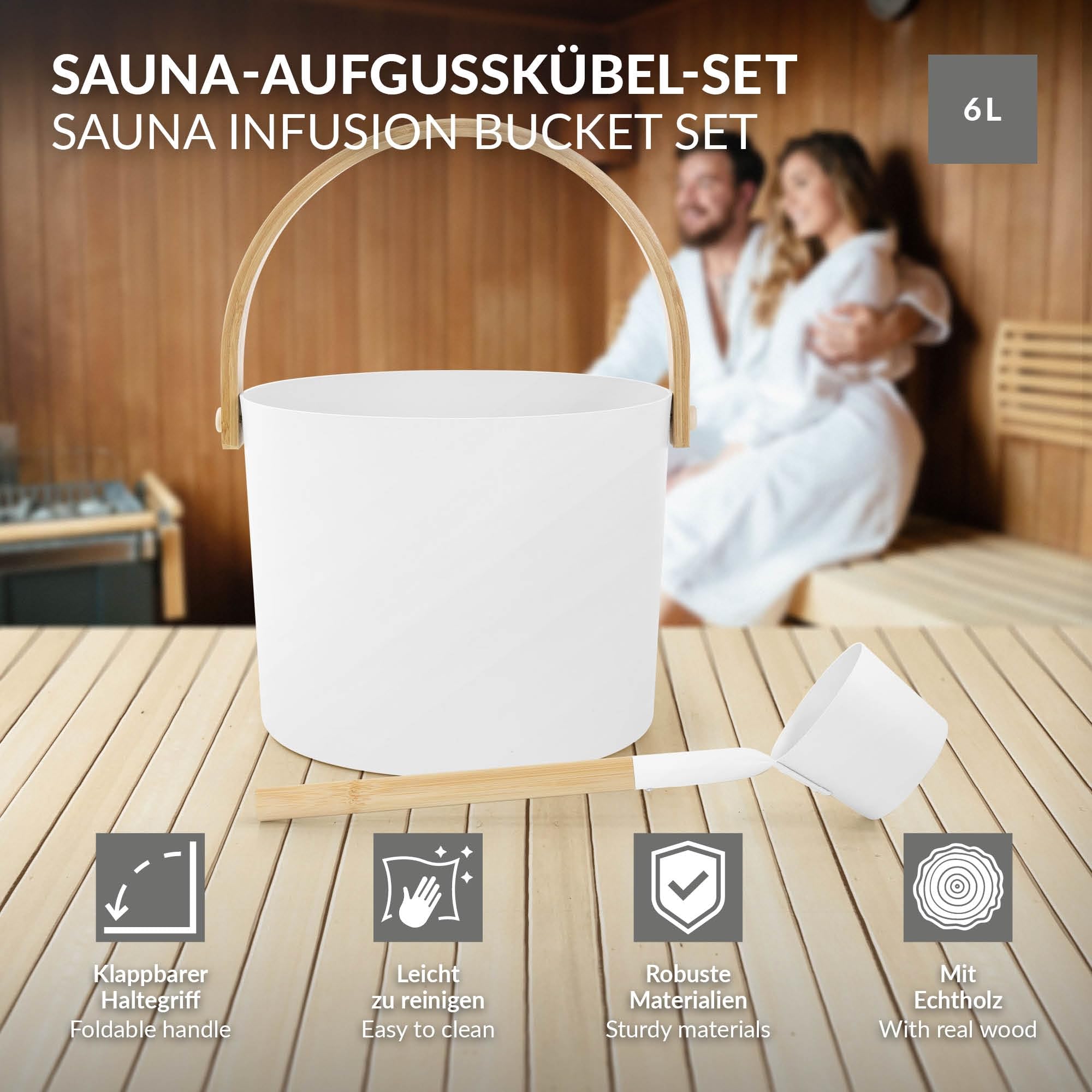 LuxeBath Saunazubehör-Set aus Aluminium & Bambus, Weiß, 2-TLG Sauna Set, Aufgusskübel mit klappbarem Griff & Schöpfkelle, Metall Saunaeimer 6L mit Schöpflöffel, Langlebiges Sauna Wassereimer Zubehör