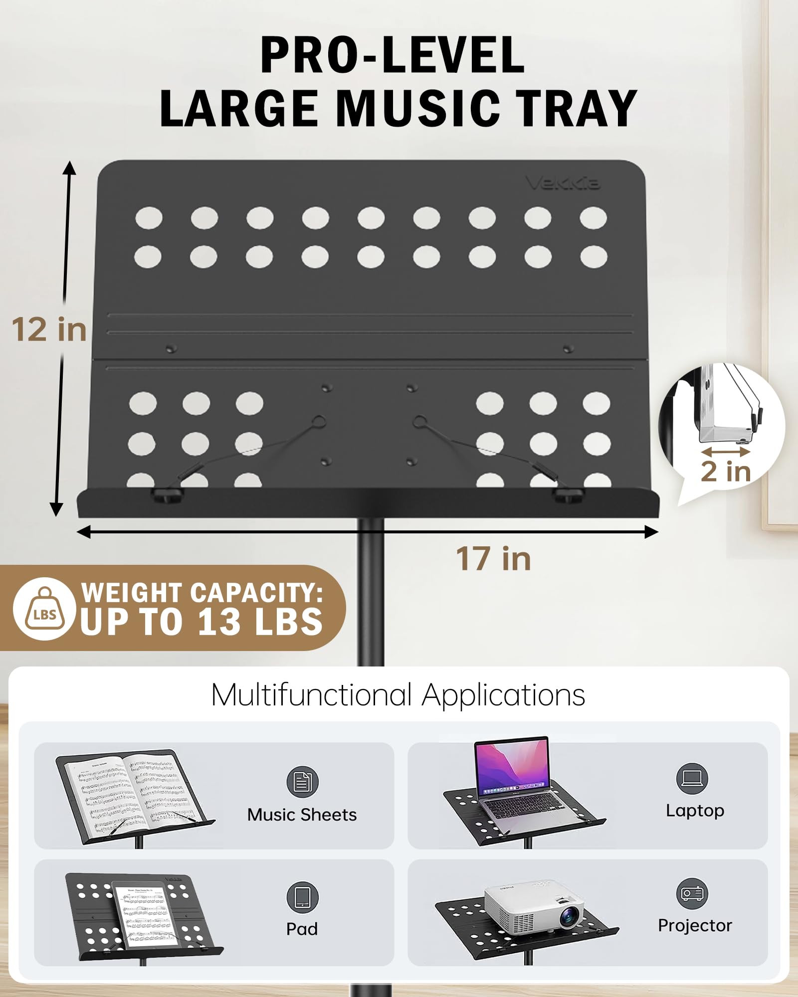 Vekkia Leggio Musicale Professionale con Borsa, Altezza 80-142 cm | Supporto Portatile per Partiture, Supporto Metallico Robusto, Ideale per Musicisti e Band