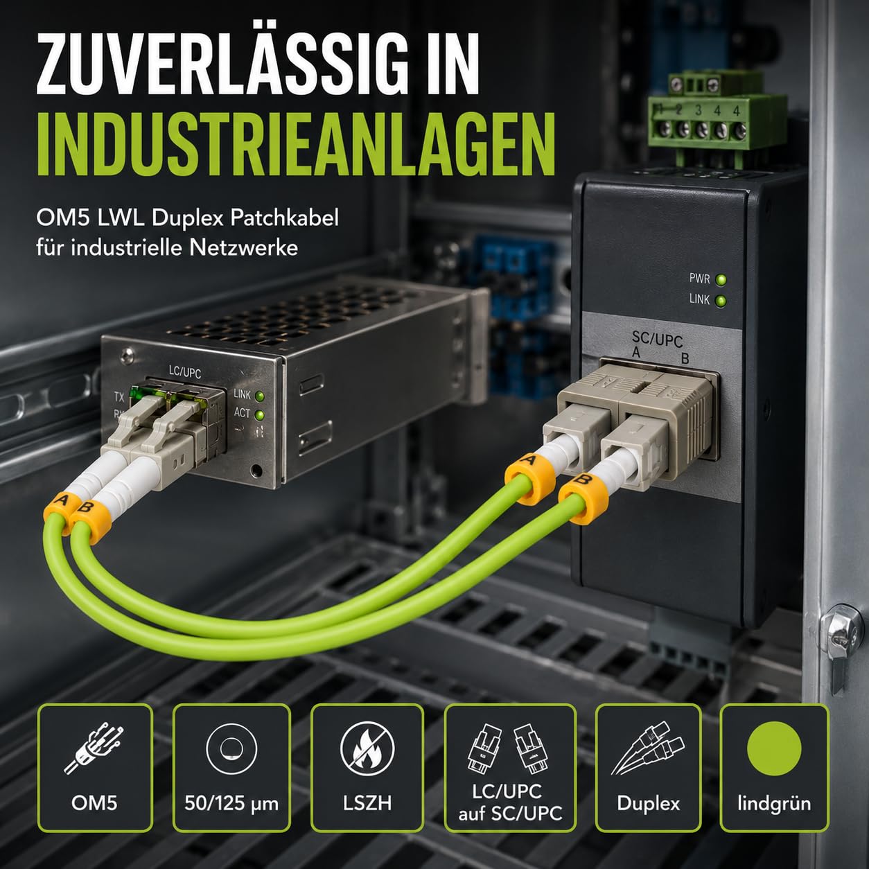 1 câble de brassage duplex OM5 LWL DX de 30 m, LC/UPC - SC/UPC MM multimode, 50/125 µm, LSZH, vert citron.