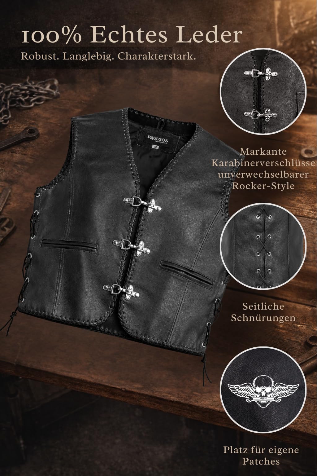 PAULGOS Lederweste Weste Kutte Leder Biker Rocker Motorrad Clubweste Bikerweste Motorradweste Schwarz BW6