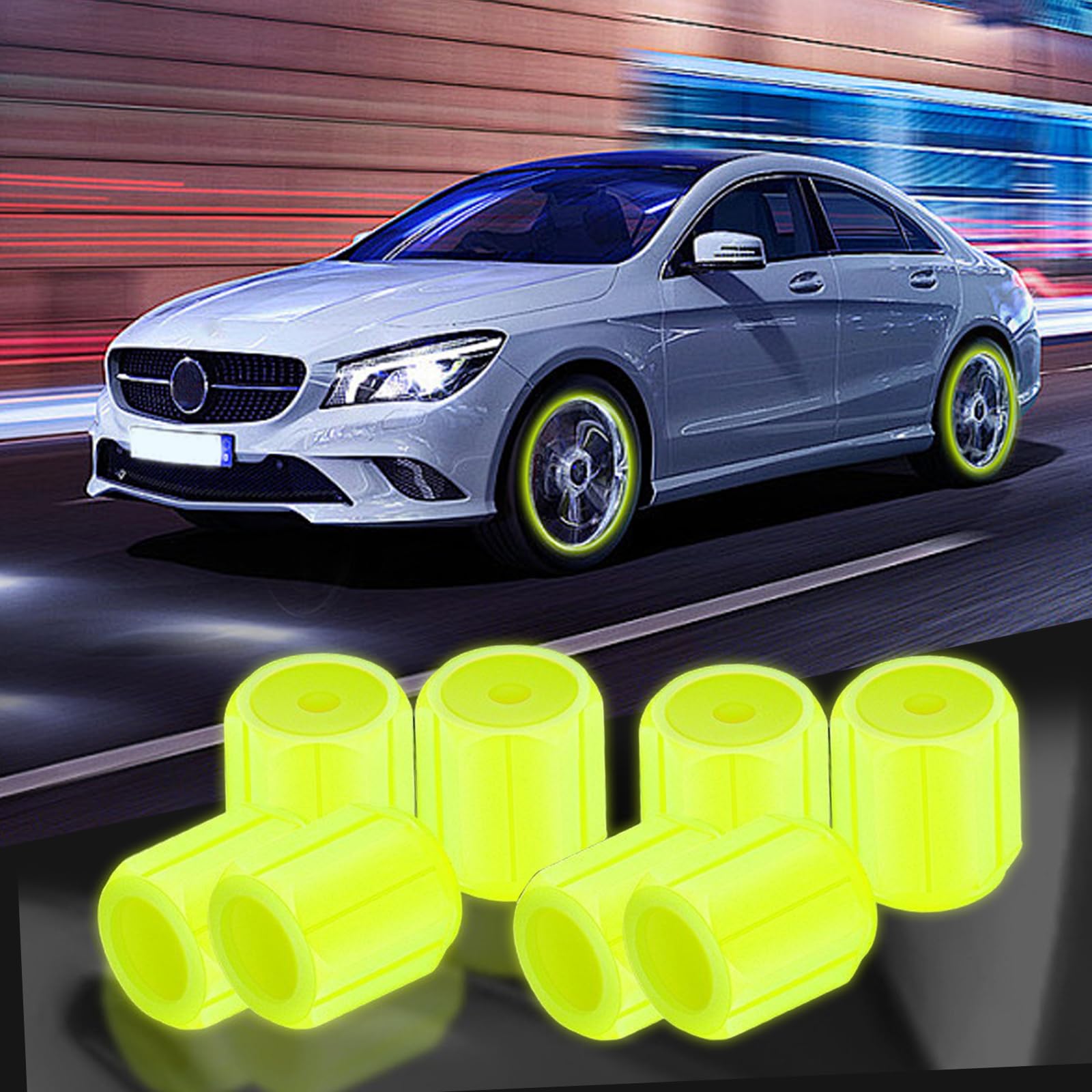 8PCS Dust Caps for Car Bike Tyres Universal Fluorescent Tire Valve Caps Glow in the Dark Car Bike Wheel Stem Covers, Durable Dust Caps Fit for Car, Children's Bicycles Safe at Night (Yellow) - 1