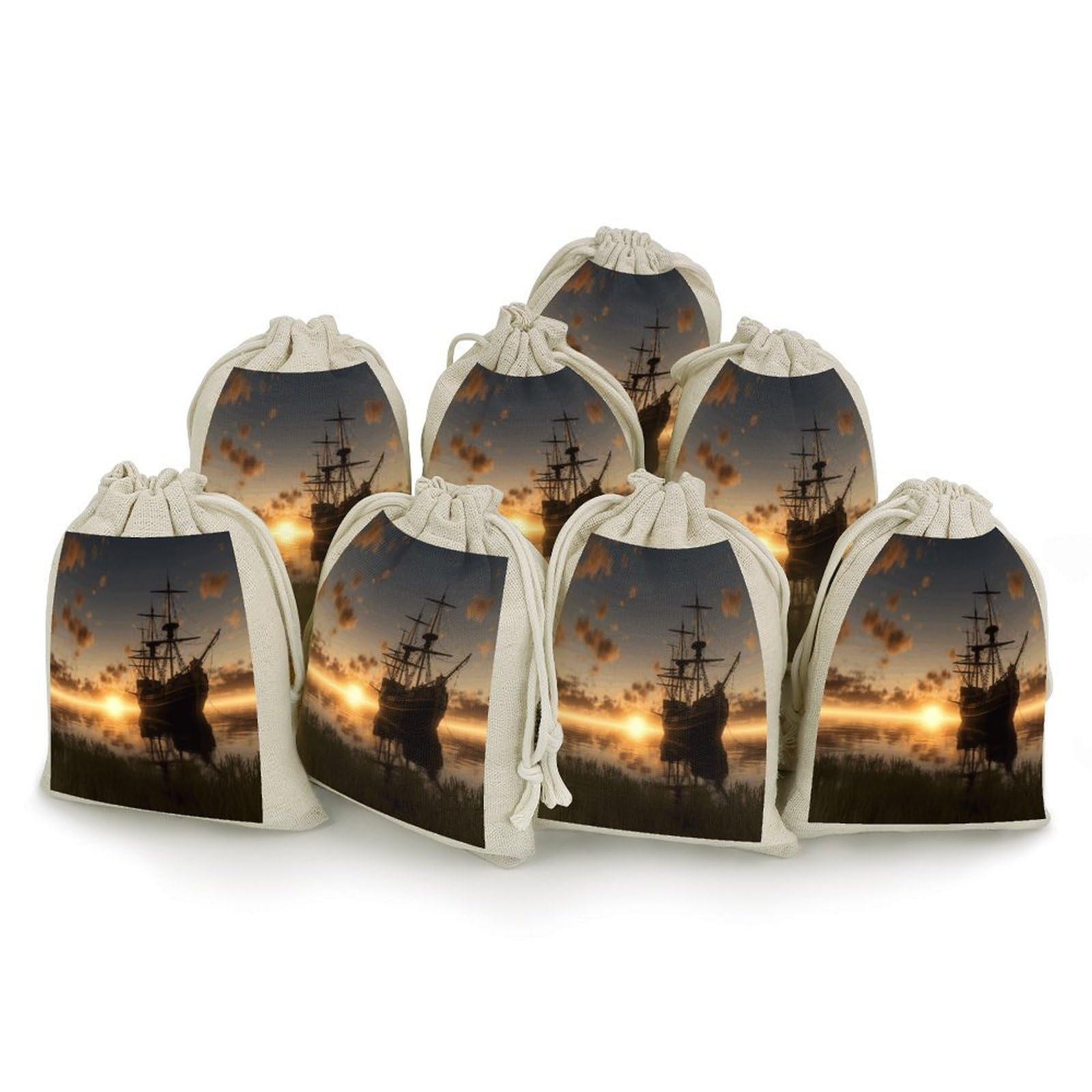 Adfgyerh Style Ship In The Lake Sunset Bags With Drawstring Reusable,Jewelry Bags 4.9 X 6.7 Inch, Set Of 8,Gift Bags For Party Wedding Storage Home Supplies