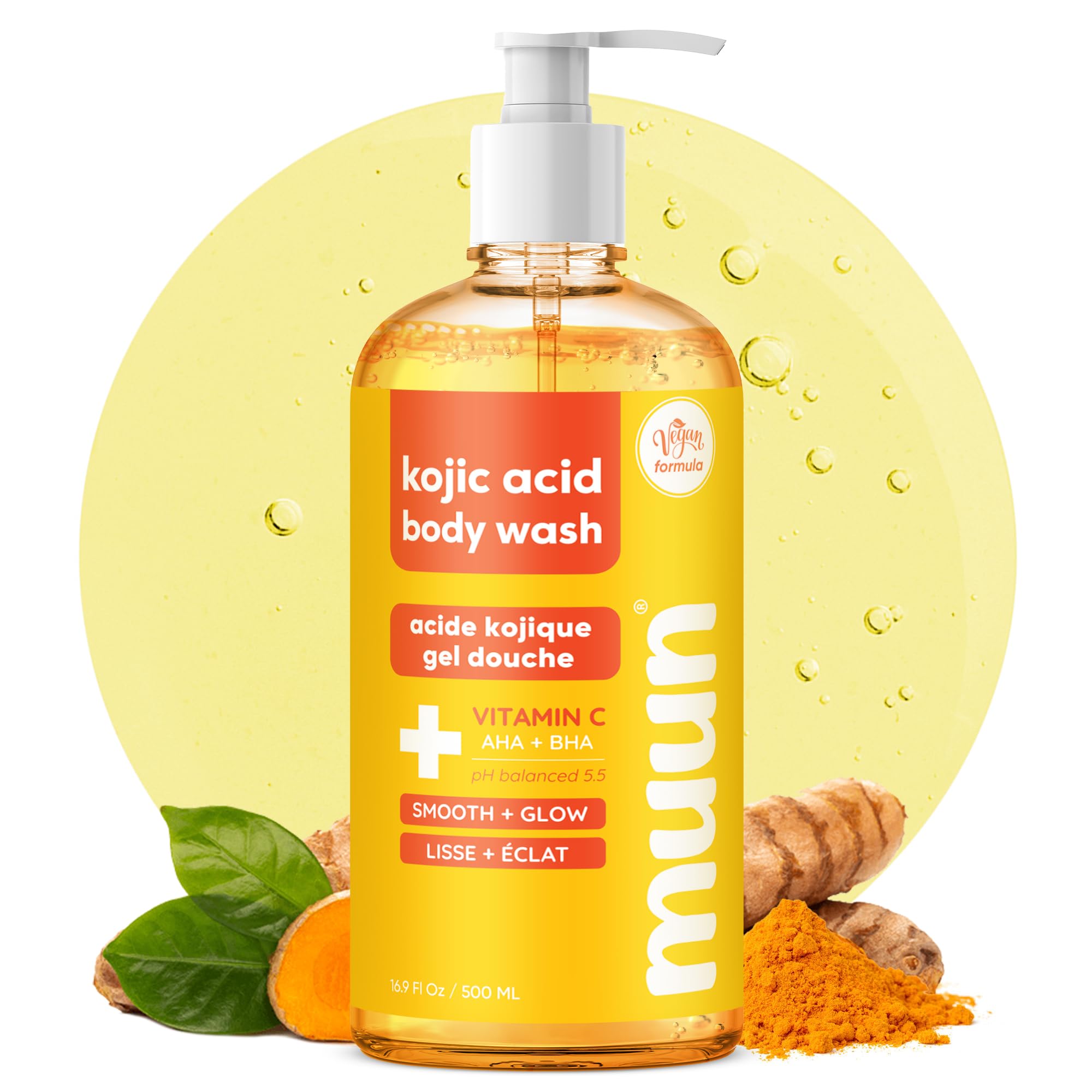 Muun Exfoliating Body Wash, Salicylic Acid (BHA) & Lactic Acid (AHA) Shower Gel, Prevent Ingrown Hair Underarm Bikini, Hydrating Body Wash Clears - 16.9 Fl Oz/500ml