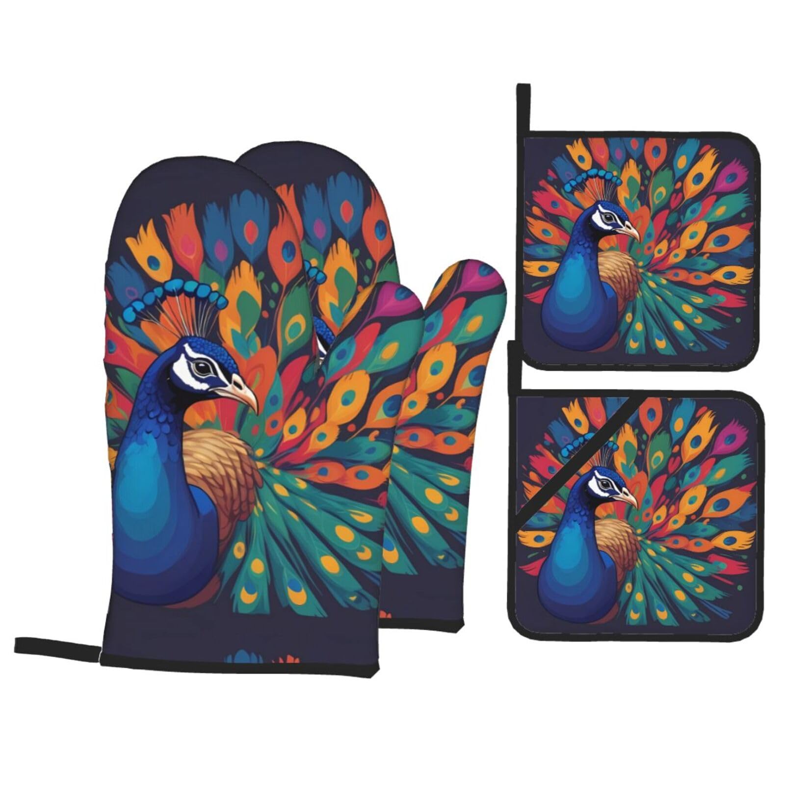 HJFCZH Peacock and Colorful Flag Picture Kitchen Baking Set of 4 Thick Insulated Oven Mitt & Pot Holders, Anti-Scalding for Microwave, Oven, Outdoor BBQ