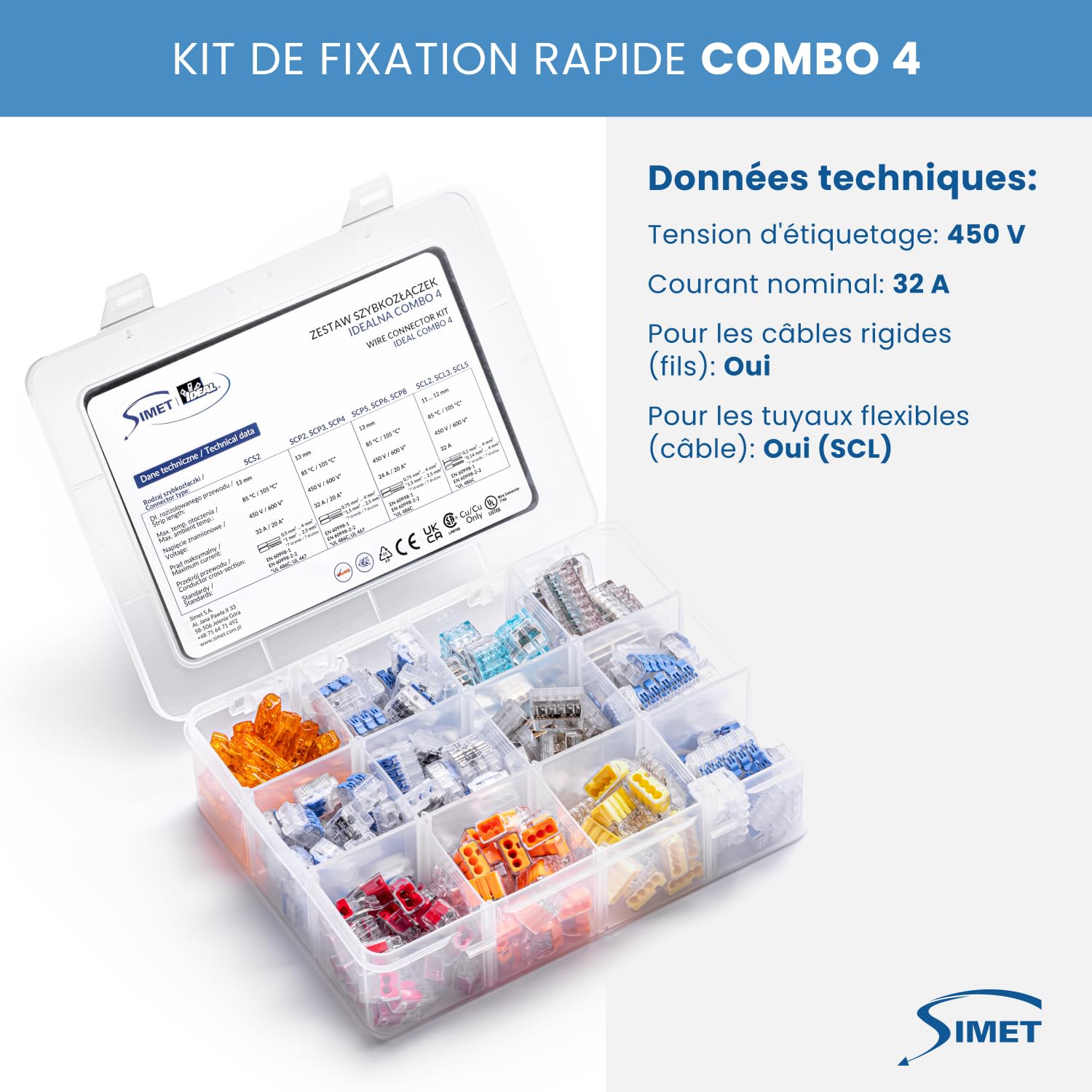 SIMET Set 240 connecteurs rapides à levier | bornes à levier 0,2–4 mm² | pour câble universel | levier de verrouillage