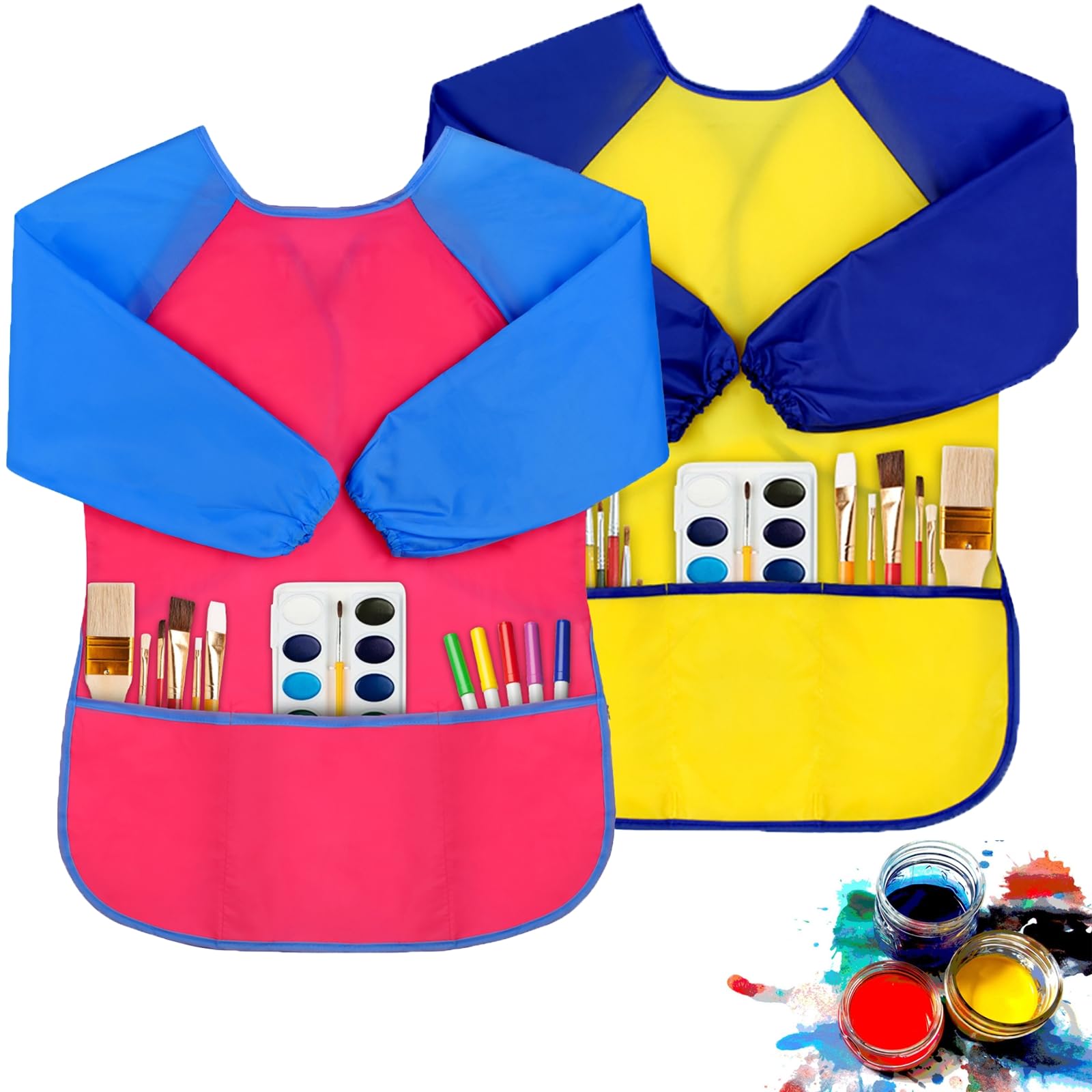 PEASUG 2 Pack Kids Art Smock, Kids Painting Apron, Toddler Smock Artist Painting for 2-4 Years, Waterproof with Long Sleeve, 3 Roomy Pockets Cooking Painting Party Supplies