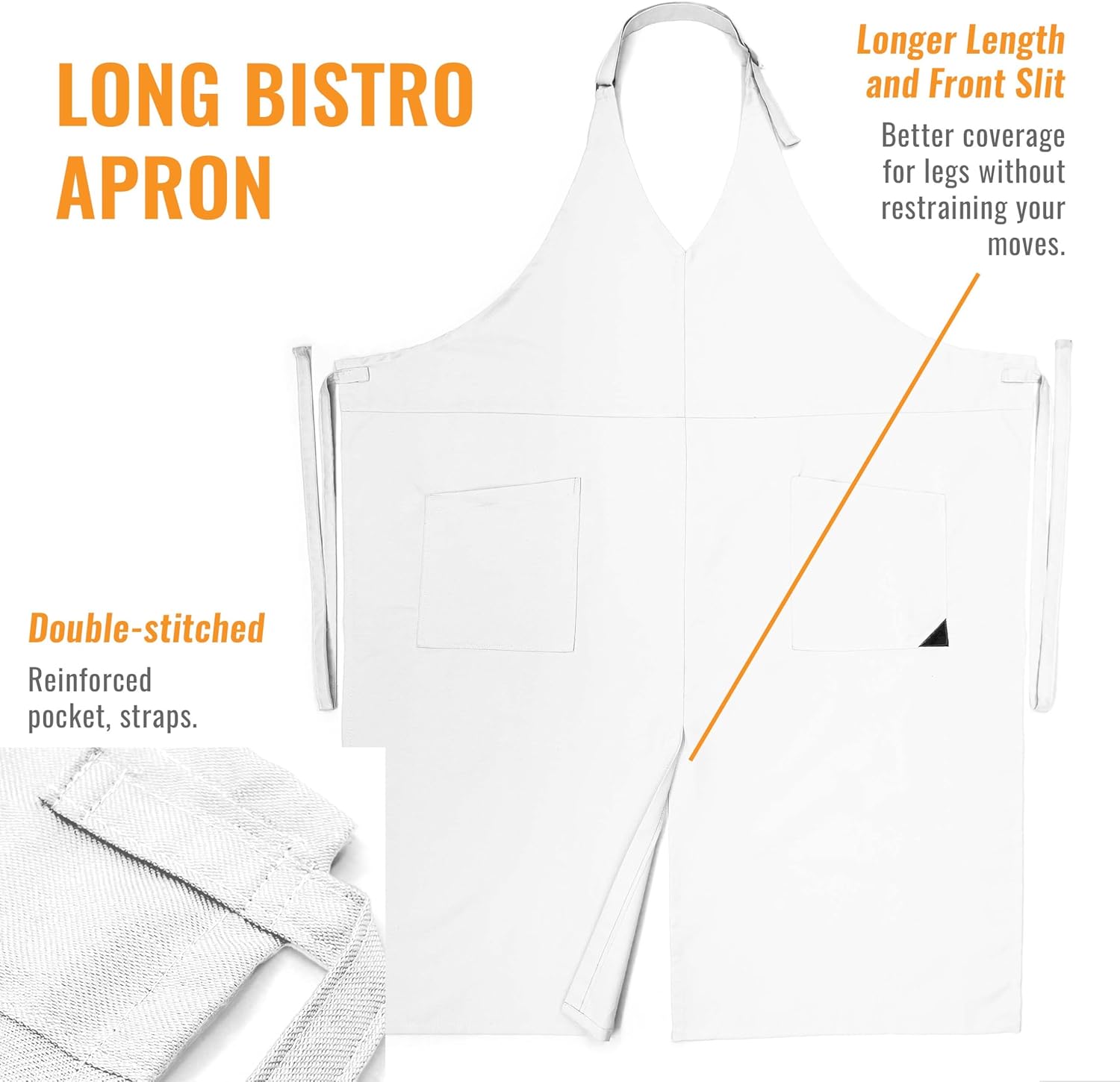 Under NY Sky V Neck Long Apron - Unisex Bib, Tuxedo Style - Lightweight, Front Slit, Hip Pockets - Adjustable For Server, Waiter, Chef, Bistro, Restaurant, Gift - White V Neck Long Apron