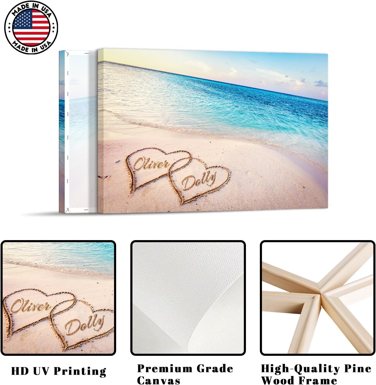 iLOOKLiKE Personalized Heart in Heart Shaped with Couple's Names on Coastal Beach Canvas Wall art Decor Custom Romantic Seascape Poster Prints Framed Gifts for Him Her Anniversary Wedding