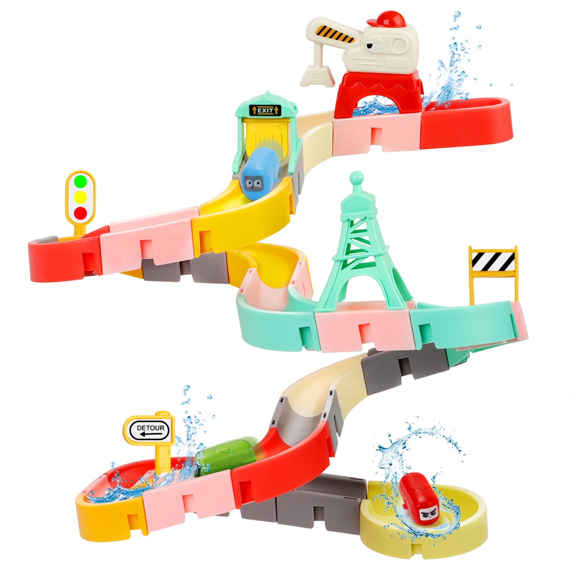 JoiTale Kids Bath Toys, 47 PCS DIY Bath Track Game Shower Water Toys, Traffic Theme Slideway Toy with Suction Cups & Cars
