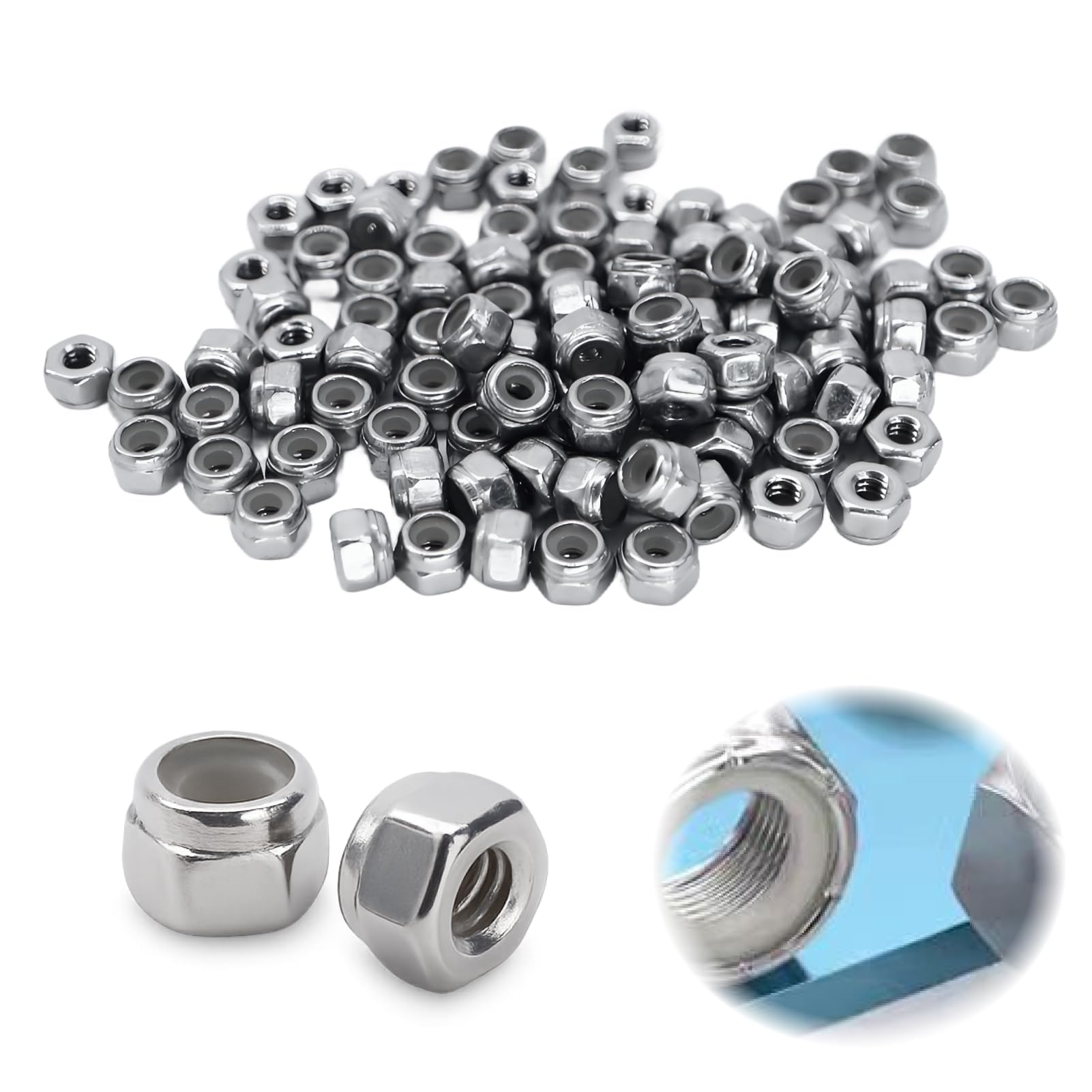 100 Dadi Autobloccanti M2 in Acciaio Inox 304 con Inserto in Nylon, Dadi Esagonali Antivibrazione Resistenti alla Corrosione per Viti, Bricolage, Macchinari, Auto, Applicazioni Esterne e Fai da Te