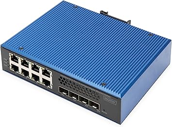 DIGITUS industrial managed 12-port Gigabit Ethernet network switch - 8x Gigabit RJ45 + 4x 10 Gigabit SFP+ uplink - 1x console port - L3 managed - VLAN - IGMP snooping V1-V3 - DIN rail mounting