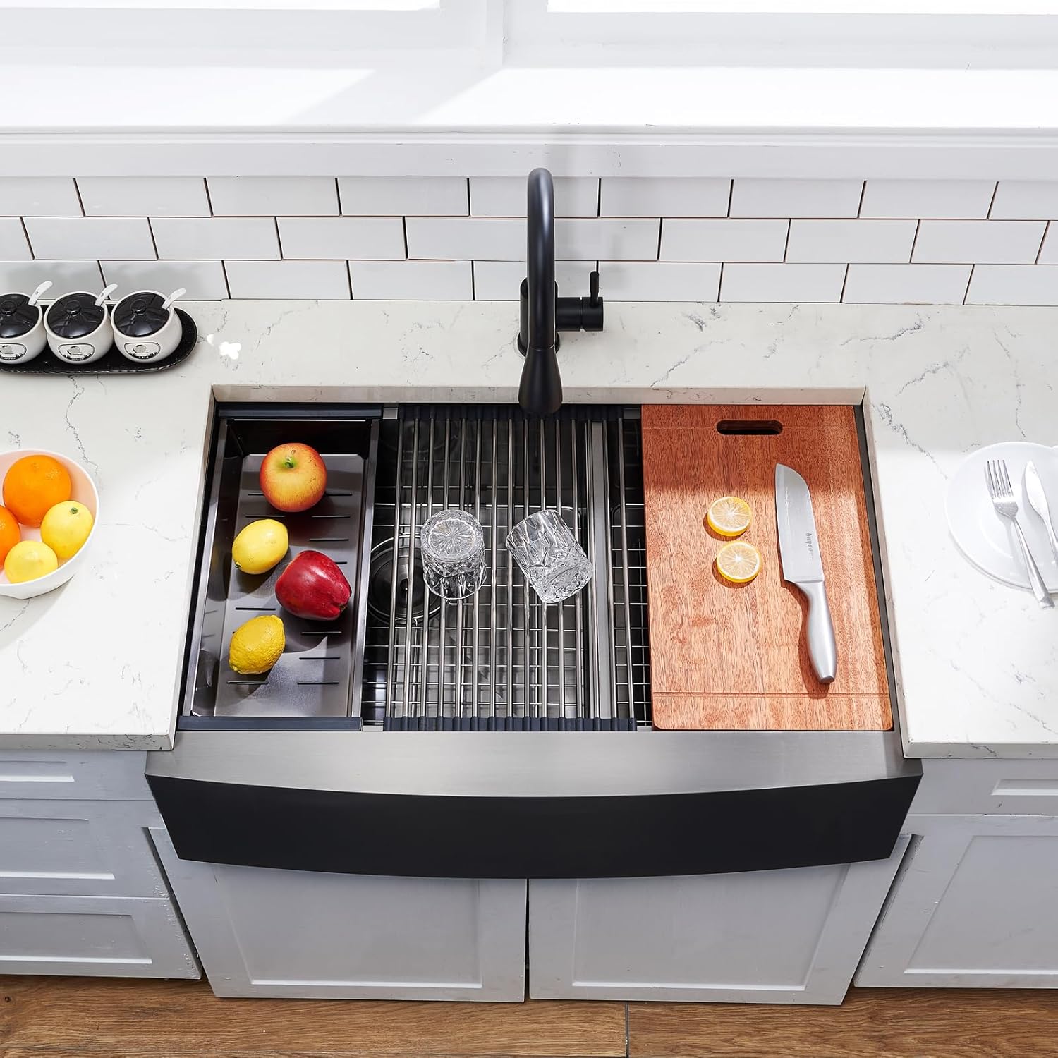 SHACO Double Bowl 60/40 Black Farmhouse Sink, 33x22 Inch Stainless Steel Apron Front Divided Double Basin Farmhouse Kitchen Sink, Gunmetal Black Farm Workstation Sink