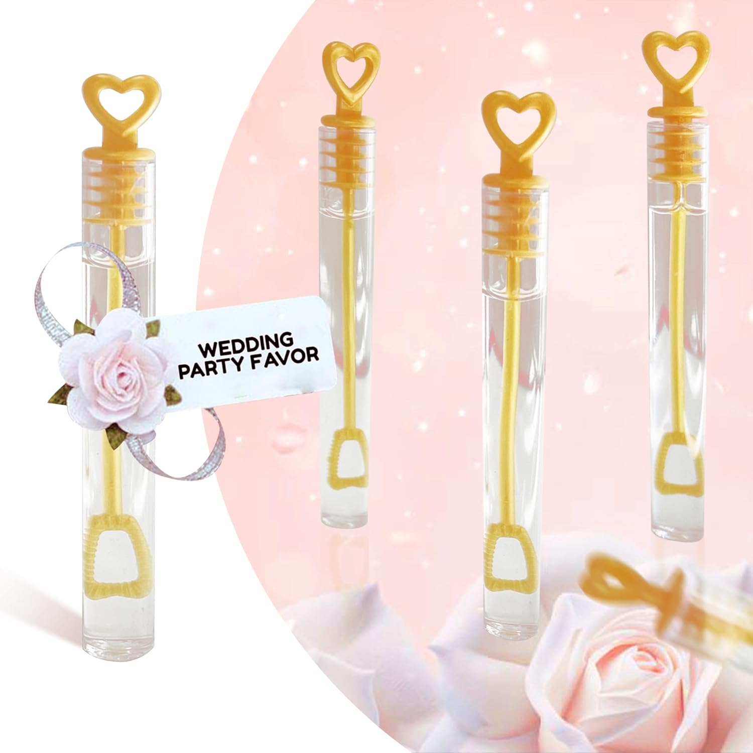 GiftExpress 200 Pack 4.2" Gold Heart Bubble Wands - Party Favors for Weddings Supplies, Valentine's Day, Party and Anniversaries - 200 Pcs