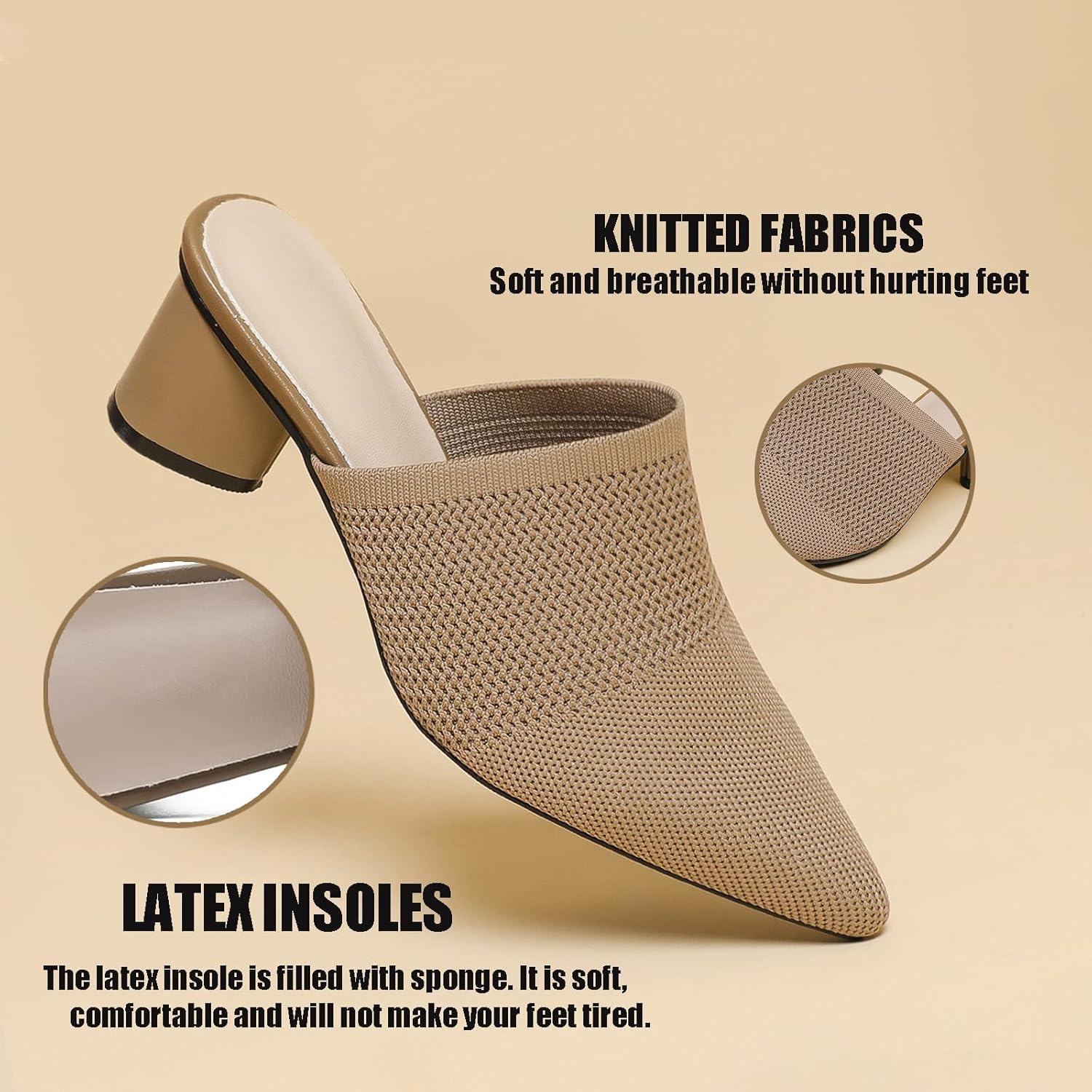 Women’s Knit Mesh Chunky Heel Mules Closed Pointed Toe Backless Slip On Mid Block Heel Dress Slide Sandals Summer Breathable Daily Party Pumps - Image 3