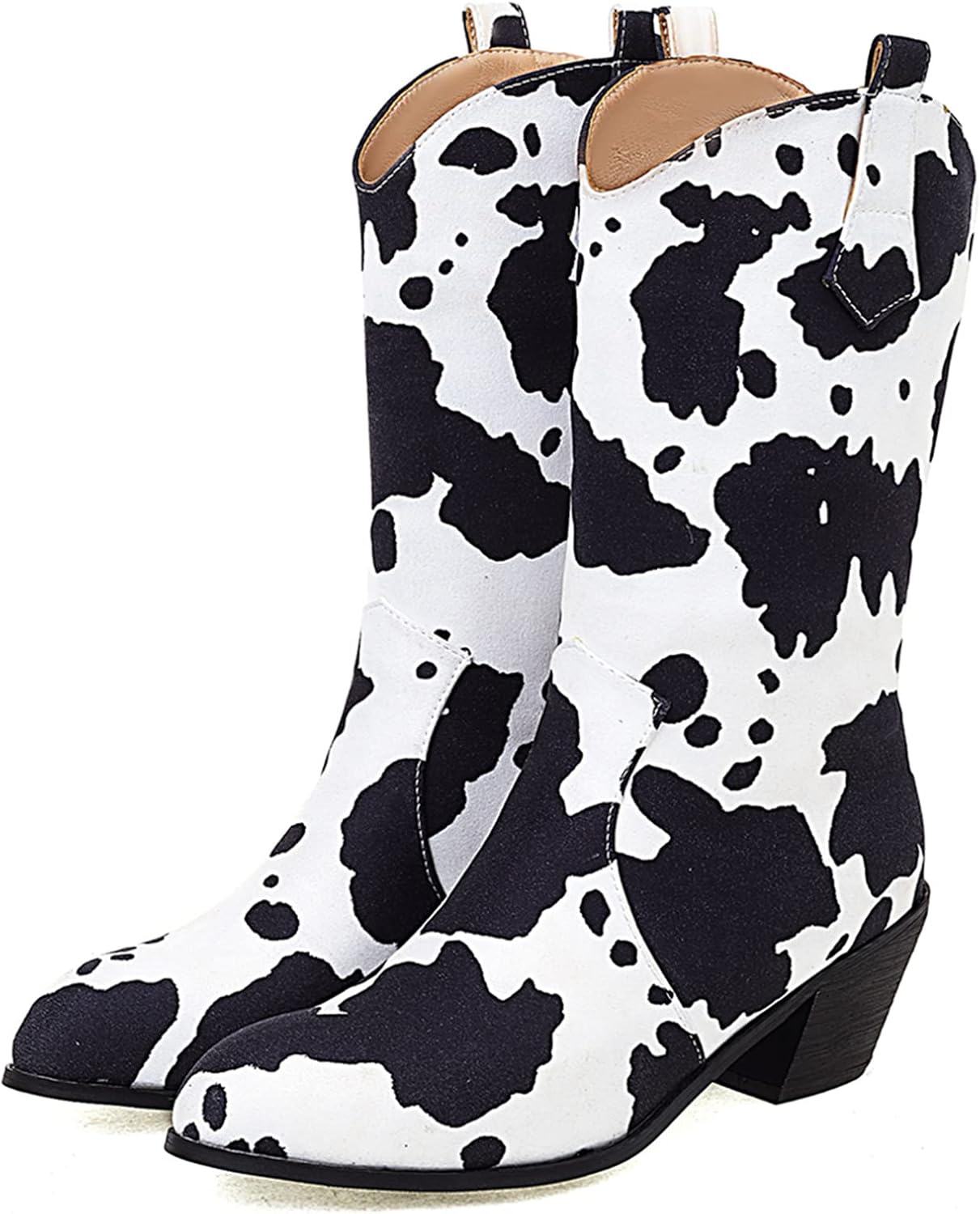Cozivwaiy Women Mid Calf Cowboy Boots Chunky Heel Half Boot Cow Print Western Boots Plus size (US 4-12.5)