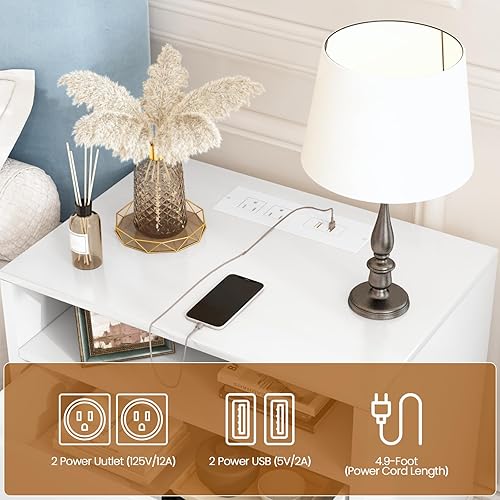 Miniatura 5 de Lamerge Juego de 2 mesitas de noche doradas y blancas, moderna mesita de noche con estación de carga y cajones, mesa auxiliar con puertos USB y