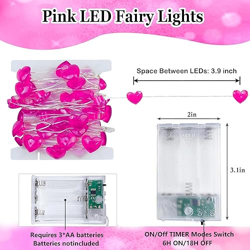 Miniatura 4 de Guirnalda de luces LED en forma de corazones rosas, 3 m, alimentada por pilas, temporizador, luces intermitentes, impermeable, para Navidad