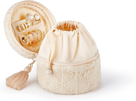 Camelia Womens High End Round Lace Jewelry Case Jewelry Travel Organizer Bag Jewelry Purse Pouch Pink Lace