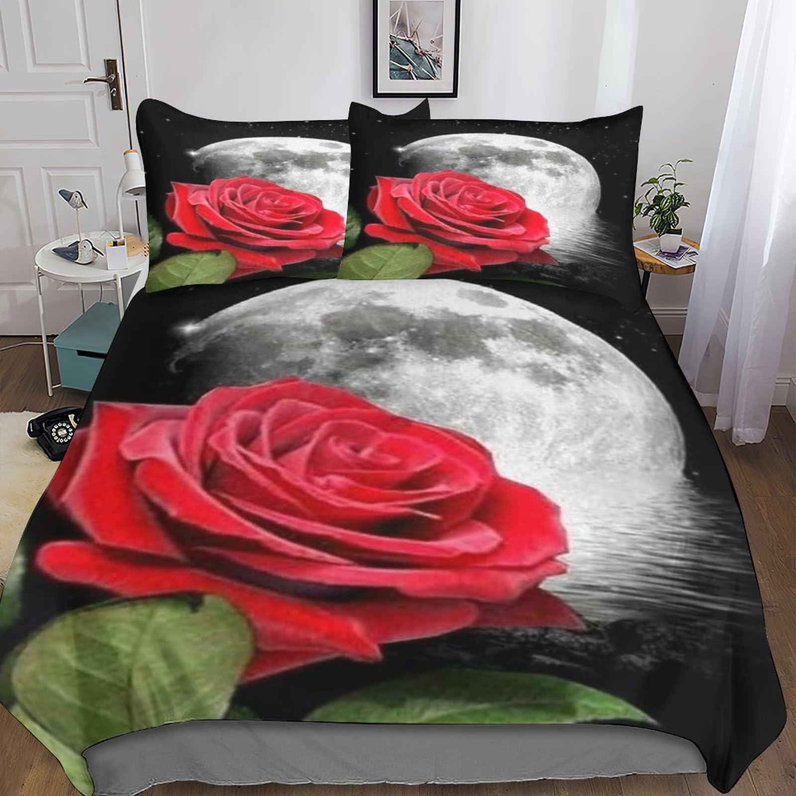 Housse de couette rose rouge 3D IOFEER parure lit 200x200 anti-froissement