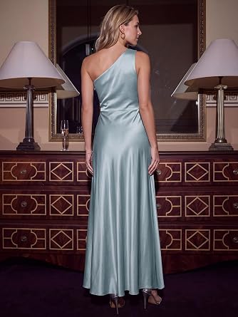 Ever-Pretty Women's One Shoulder Satin Bridesmaid Maxi Dress with Slit Formal Evening Gown for Wedding 02725