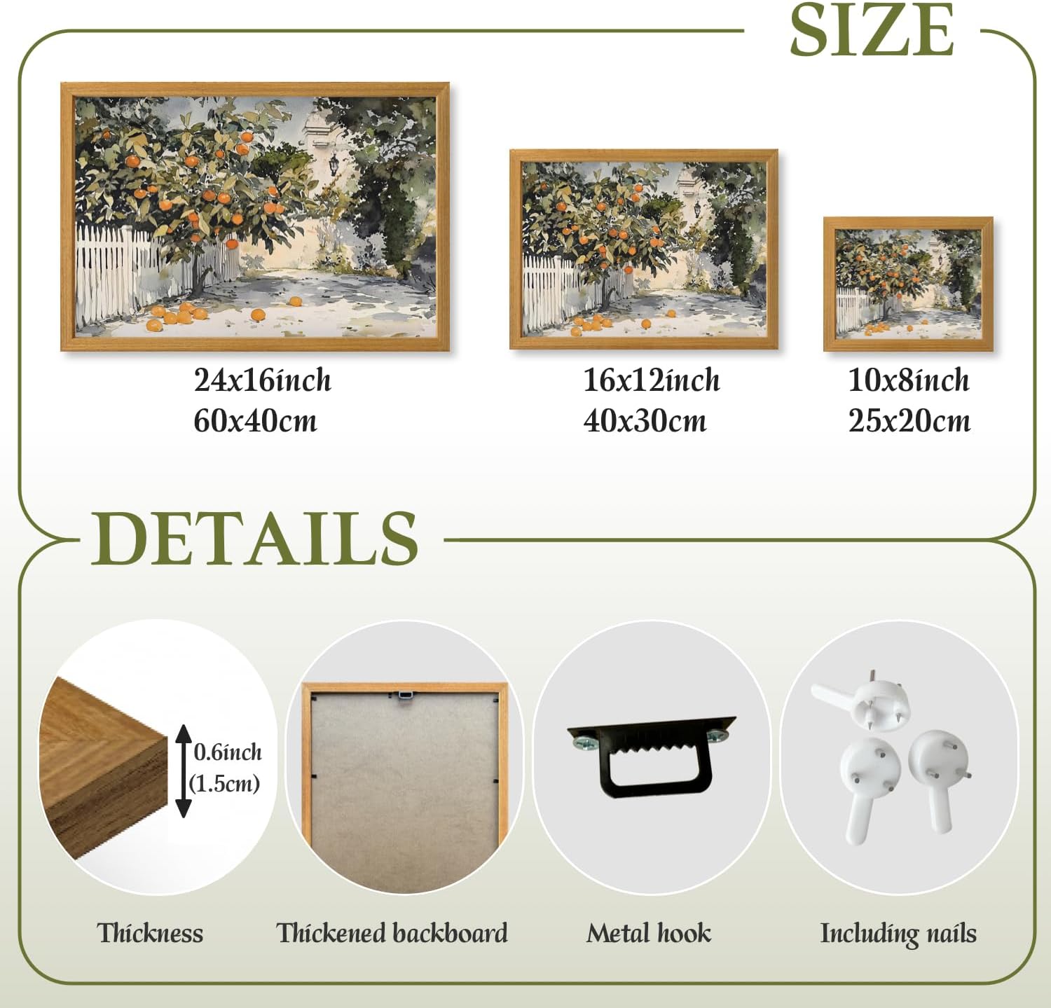 LLEEMPI Orange Tree Wall Art, Country Botanical Wall Decor, Vintage Fruit Canvas Painting, Rustic Farmhouse Poster Print for Kitchen Bathroom Bedroom Living Room Office Wood Framed 12x16 Inch