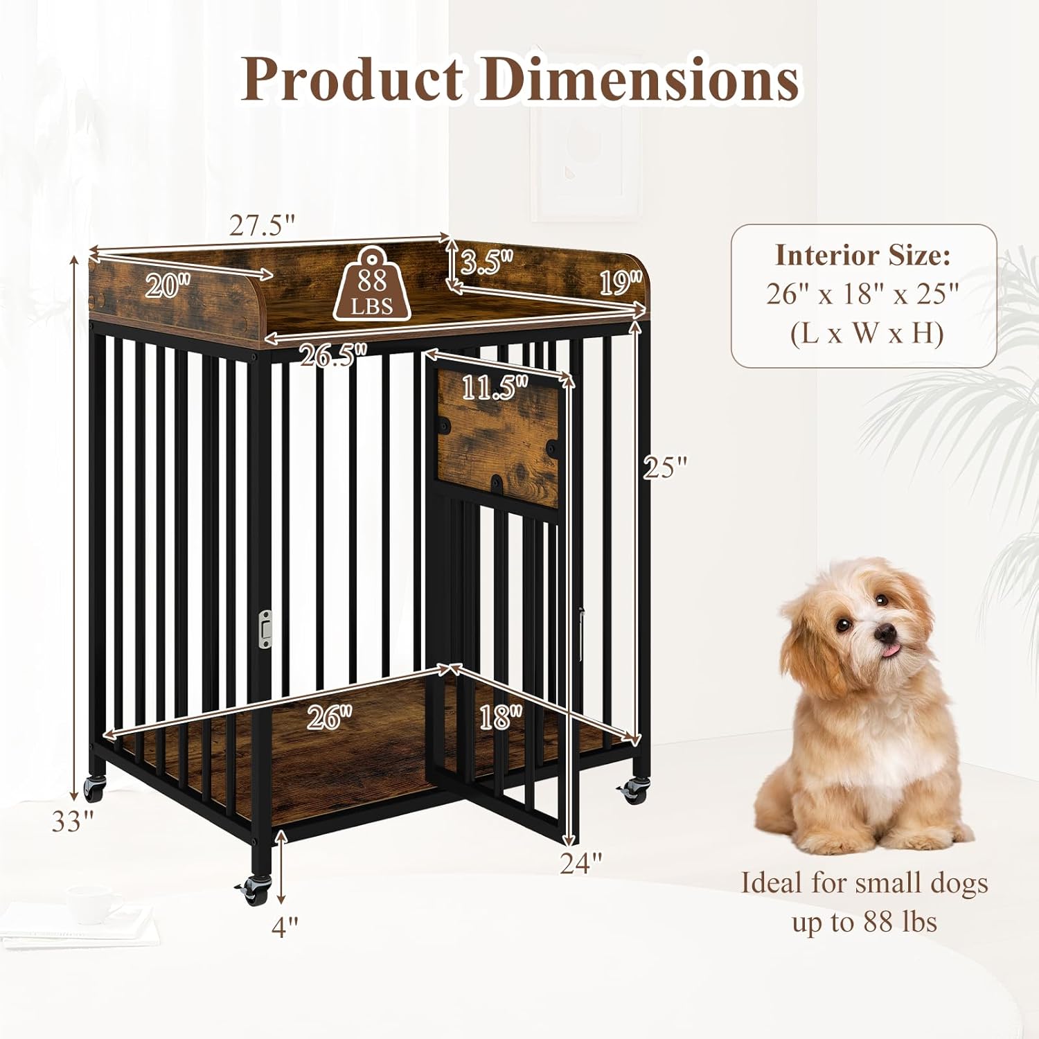 PETSITE Dog Crate Furniture with Lockable Wheels, Wooden Dog Kennel Indoor with Robust Metal Frame, Spacious Tabletop, and Lockable Door, 33 Inches Tall Dog House End Side Table for Small Medium Dogs