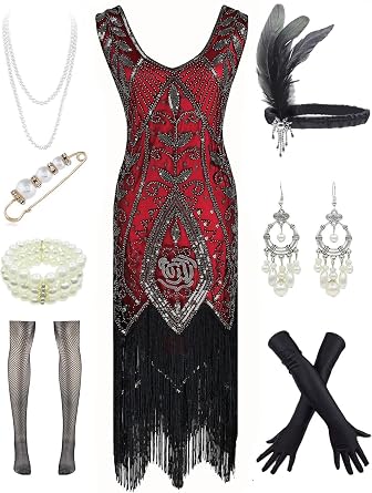 Women 1920s Plus V-Neck Sequin Art Deco Flapper Dress with 20s Gatsby Accessories Set