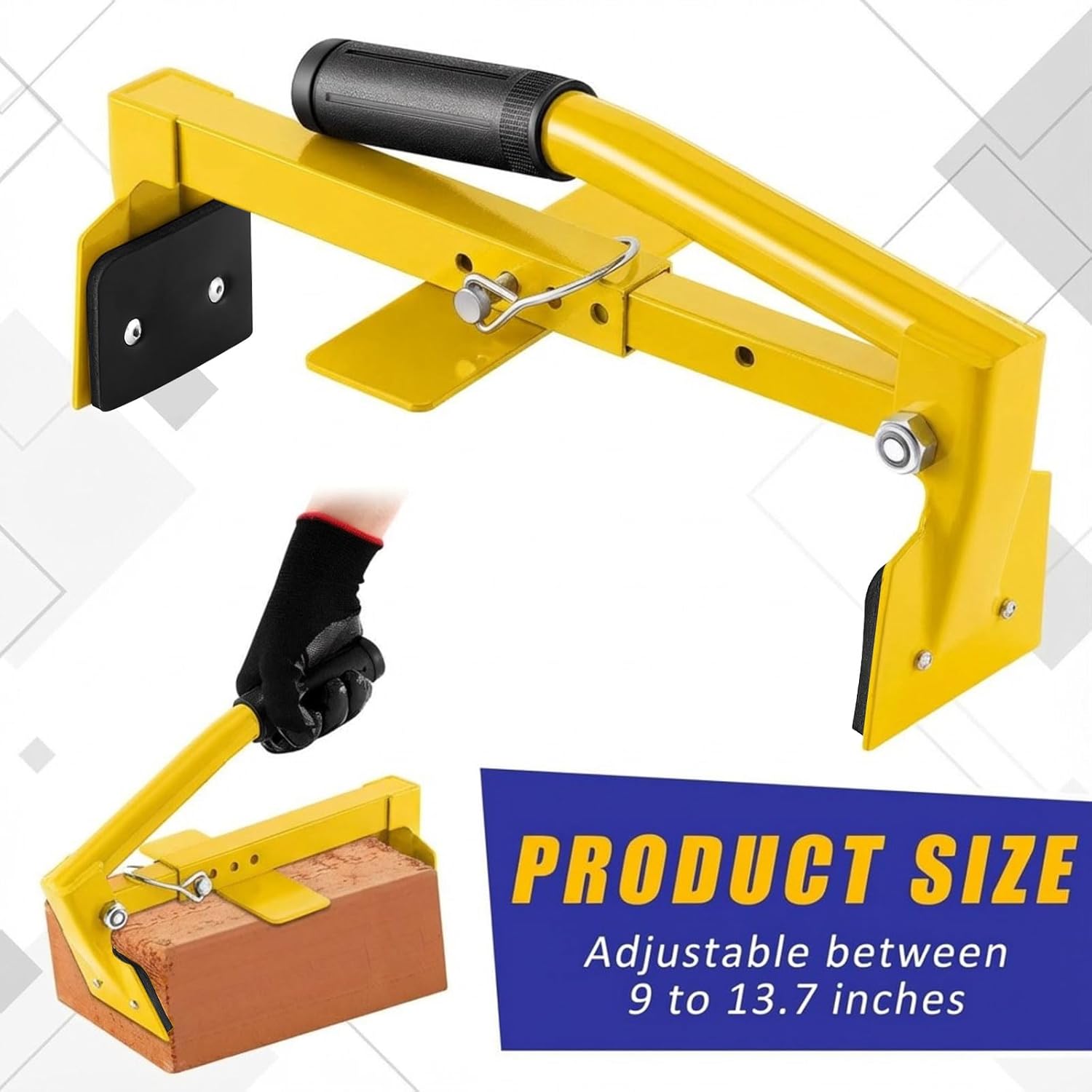 Adjustable Heavy Duty Brick Tongs Set Heavy Duty Block Tongs with Rubber Pad Handle and Work Gloves Adjustable 9-13.7 Inches Paver Tool for Bricks Lifting Carrying (Yellow)