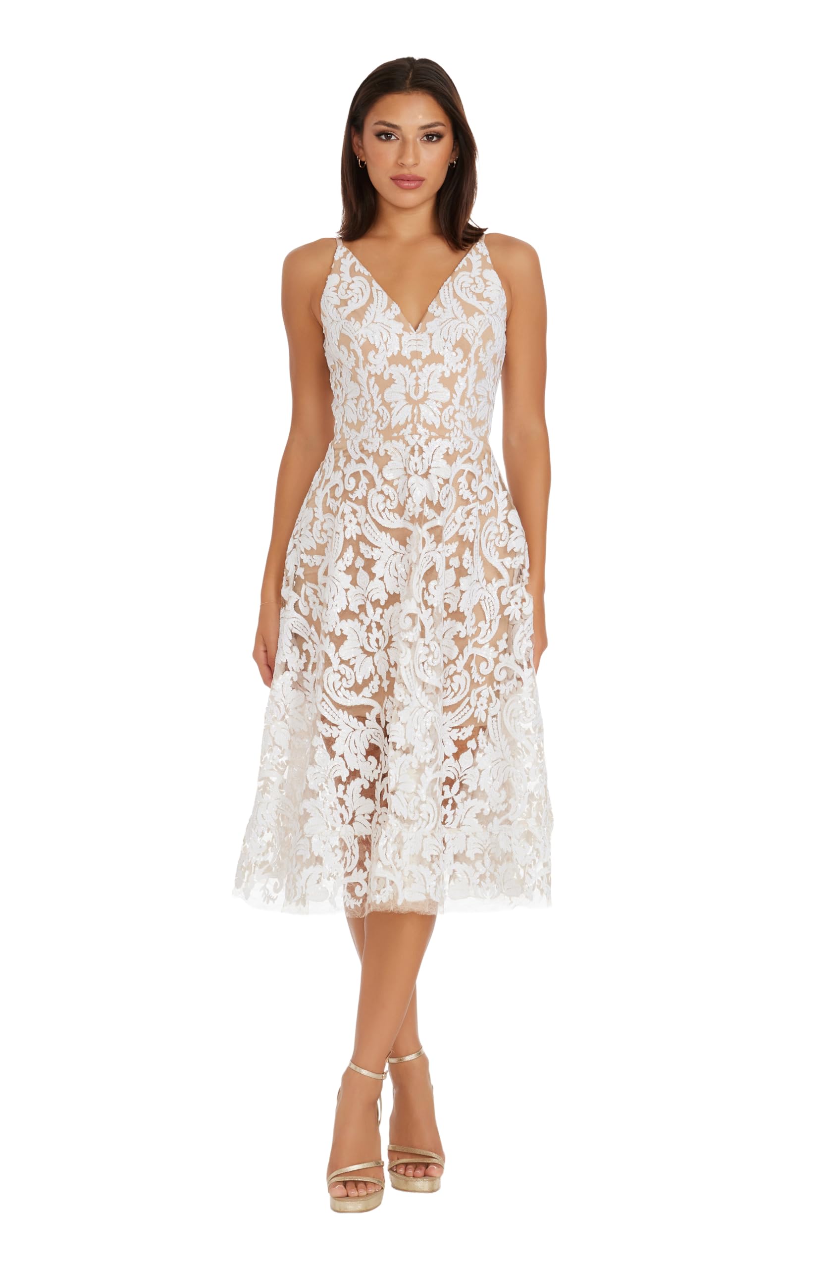 Photo 1 of Dress the Population Womens Blair Plunging Fit and Flare Midi Dress, White/Nude, Small US