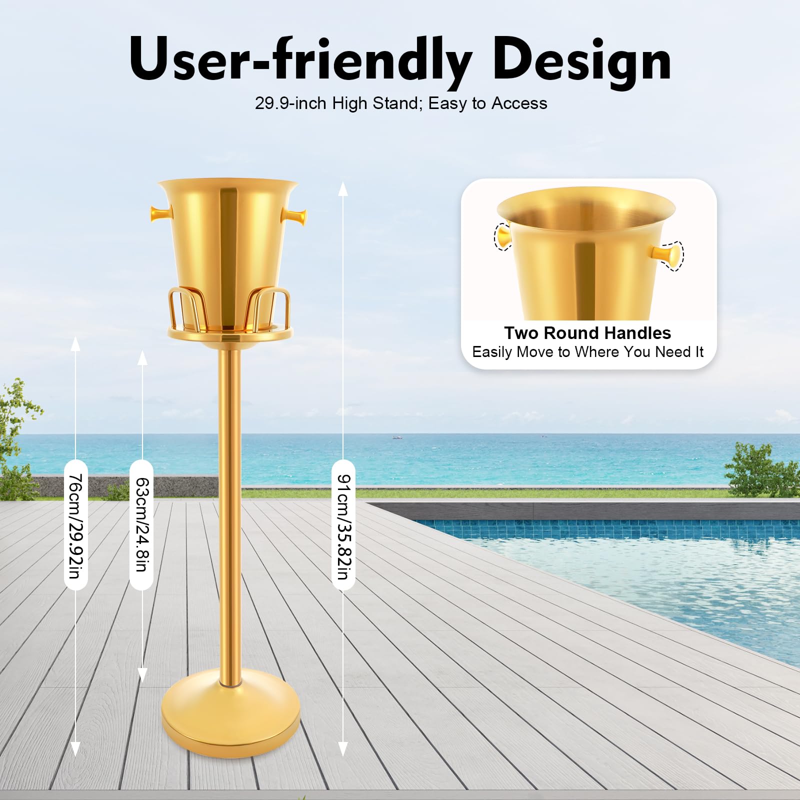 Jiabailie Stainless Steel Standing Ice Bucket,Gold Ice Bucket with Stand,Ice Bu-cket for Parties,Ice Cube Container,Wine Bu-cket on St-and Champagne Ice Bu-cket for Wine Beer KTV Club Bar 12Lb 5L 91cm