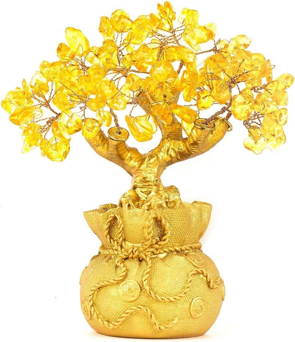 NOG Feng Shui Money Tree: Citrine Quartz Crystal Bonsai Figurine Statue Gemstone Reiki Chakra Healing Home Office Decor Desktop Dashboard Ornament for Prosperity Wealth Good Luck Success
