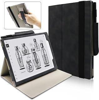 Leather Case for Remarkable 2 10.3 inch Digital Paper (2020 Released), Skin Feeling Lightweight Book Folios Cover for Tablet with Pen Holder/Hand Strap/Elastic Strap/Multi-Viewing Angles (Black)