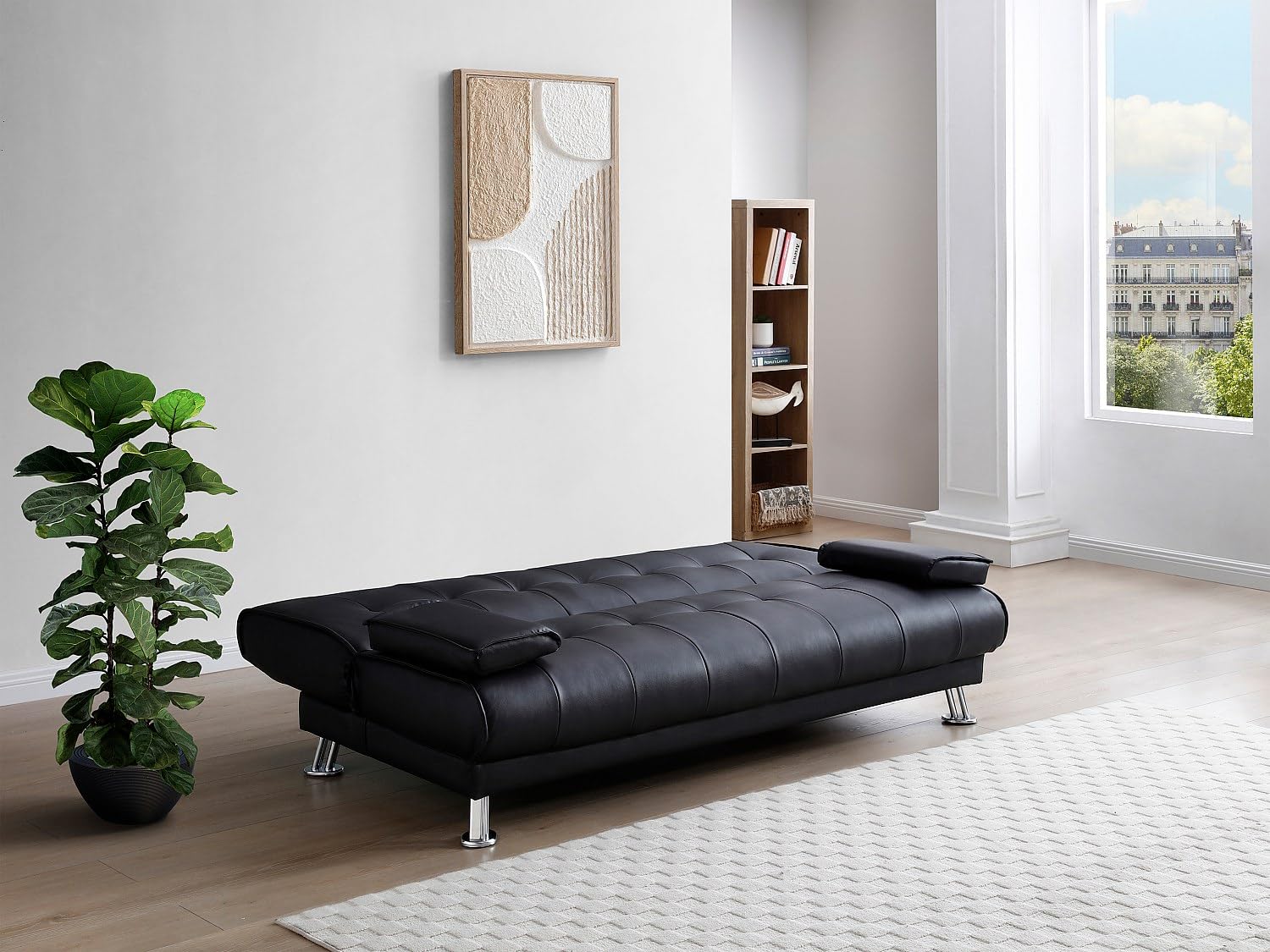 Vente-unique - Sofá Cama 3 plazas Maxime - Piel sintética - Negro | Patas de metal de diseño, 3 posiciones para el respaldo, fácil de limpiar