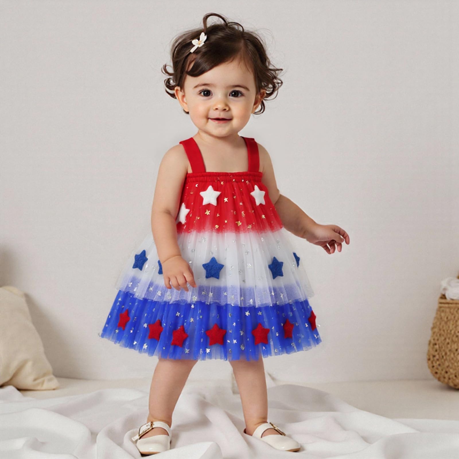 Toddler Girls Tutu Dresses Tiered Tulle Sleeveless 3D Flower Sequins Star Printed Birthday Baptism Sparkly Dress (Red White Blue, 1-2 Years)