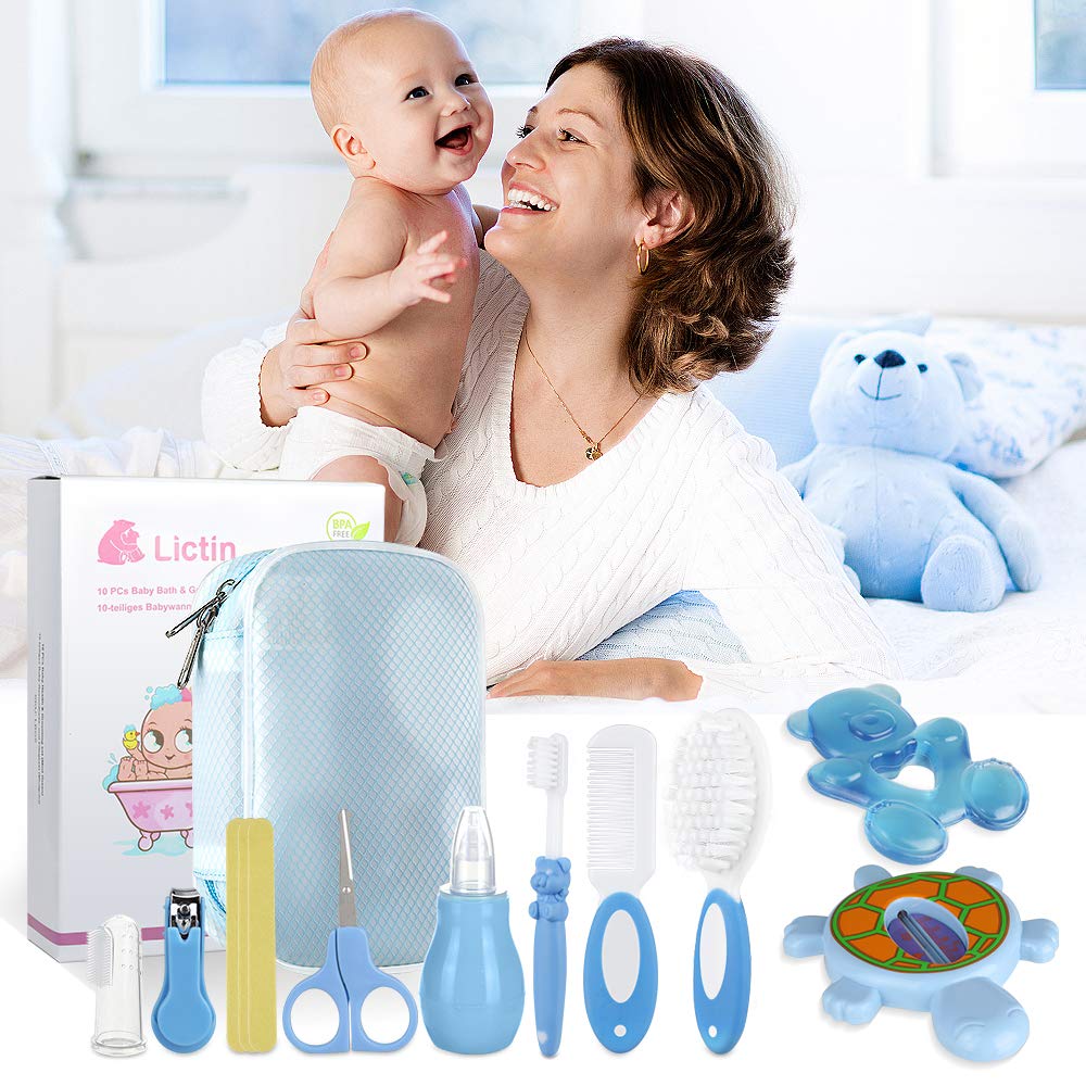 Lictin Set per la Cura del Bambino - Beauty BabyCare - Calibro, pettine, spazzolino da denti, dispositivo di aspirazione nasale e altri accessori (azzurro)