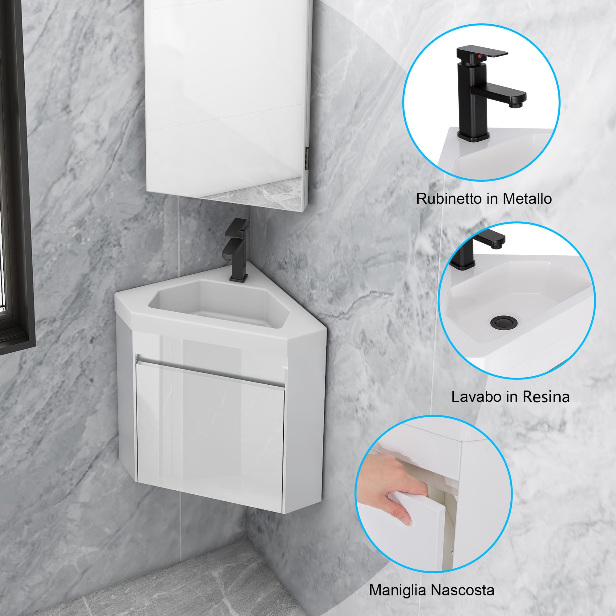 UEV Mobile Bagno Con Lavabo in Resina, Sospeso Ad Angolo 40CM, Rubinetto Nero Opaco, per Piccolo Spazio, Bianca