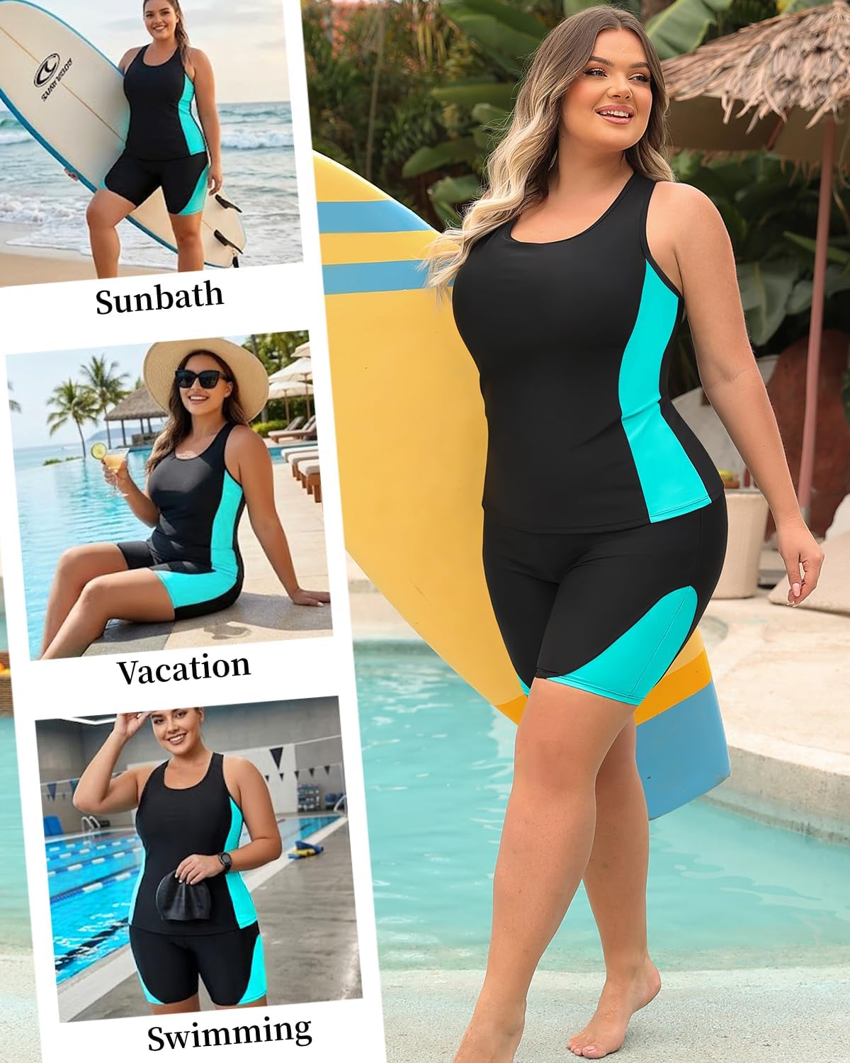Daci Women's Plus Size Tankini Swimsuit - Two Piece Rash Guard with Capris Shorts and Athletic Racerback Bathing Suit