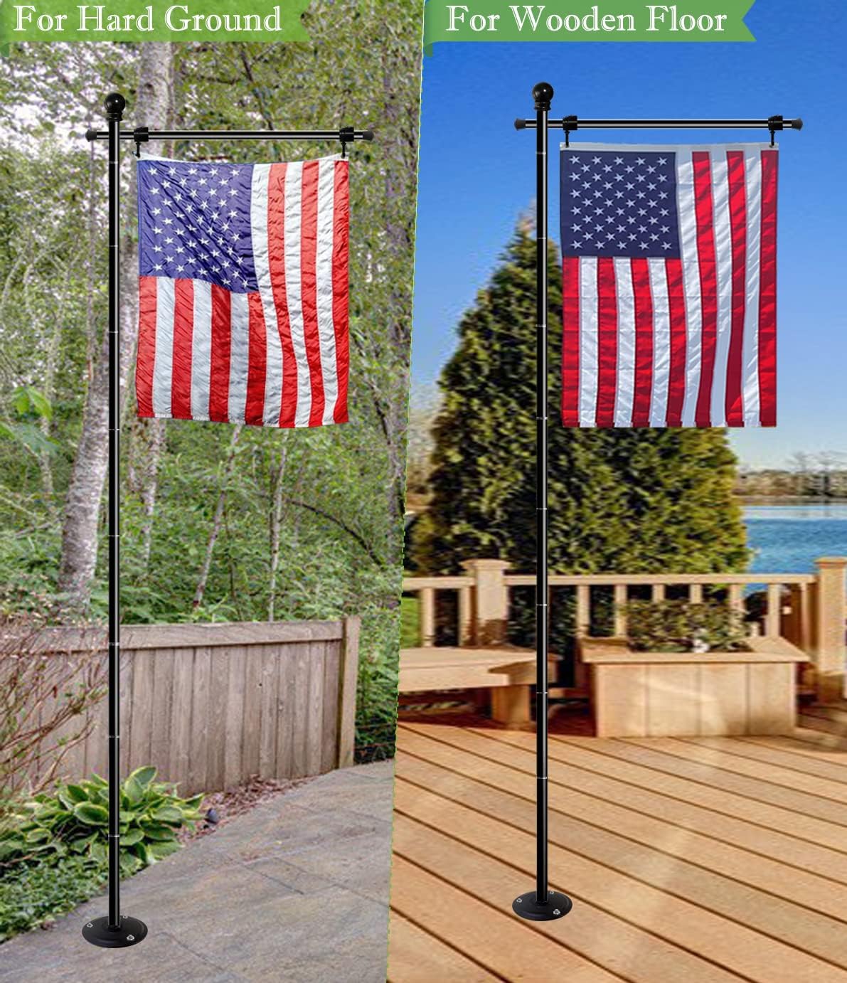 Koutemie 10FT Garden Flag Pole Stand with Metal Base for 3x5 American Flags, Adjustable Heavy Duty Outdoor Flagpole Holder Kit for Wooden Floor or Hard Ground, 1 Pack