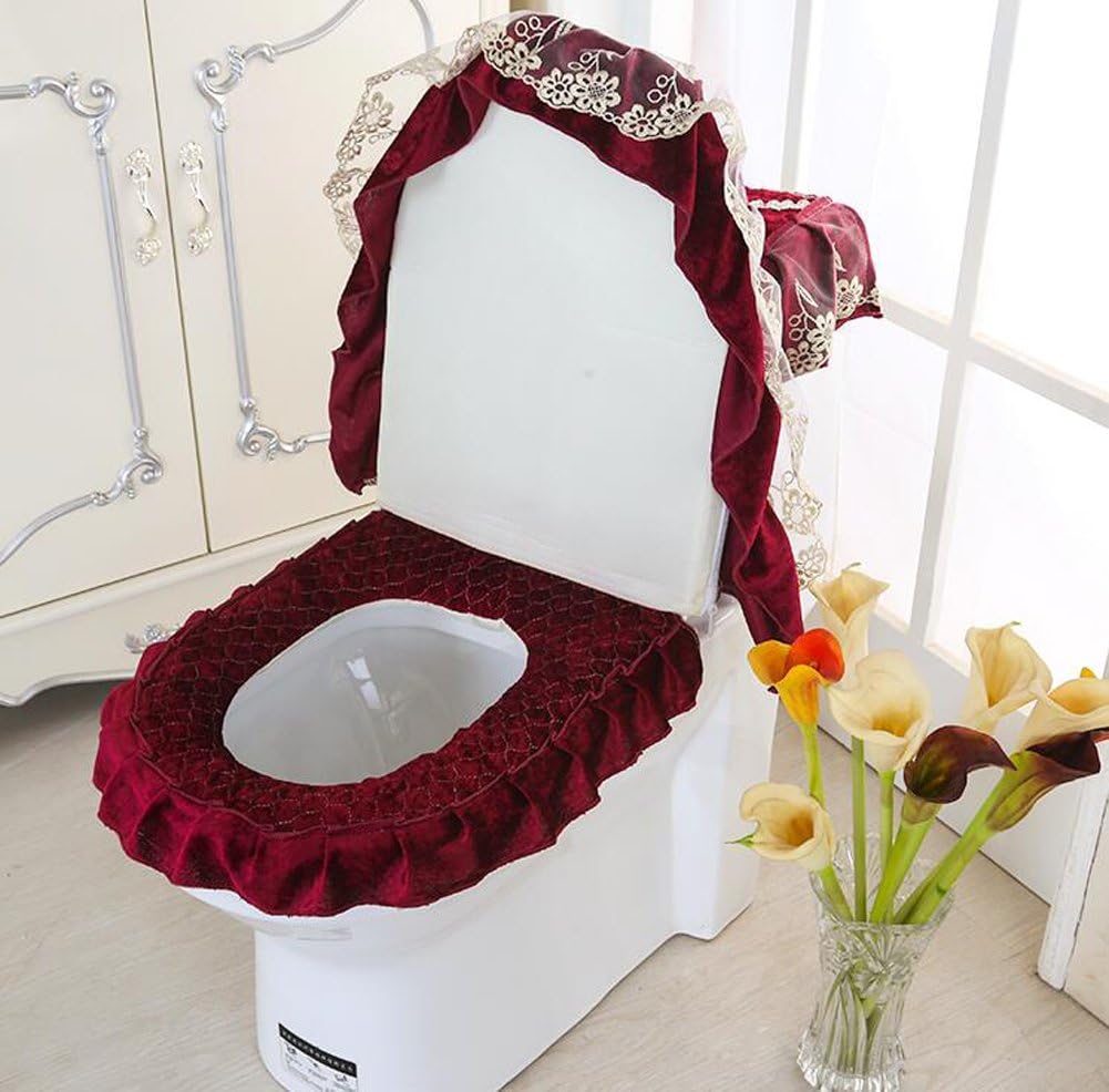 WSHINE Pleuche Lace Toilet Accessories Tank Cover + Lid Cover + Toilet Seat Cover, Set of 3 (8) : Home & Kitchen