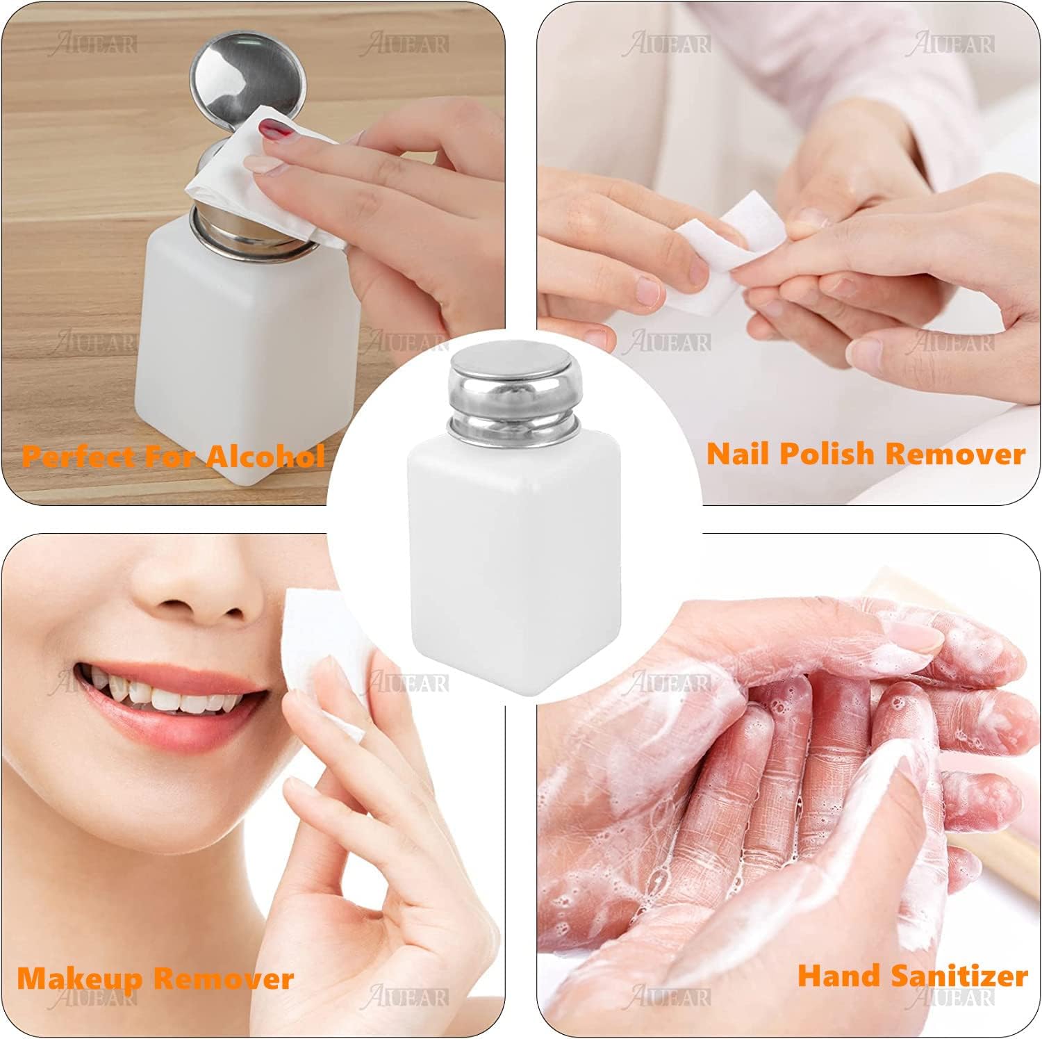AUEAR, 2 Pack 200ml(6.8oz) Push Down Alcohol Dispenser Pump, Methanol Container, Nail Polish Lip Eye Makeup Remover Square Plastic Liquid Press Bottles for Home Travel, White image 3