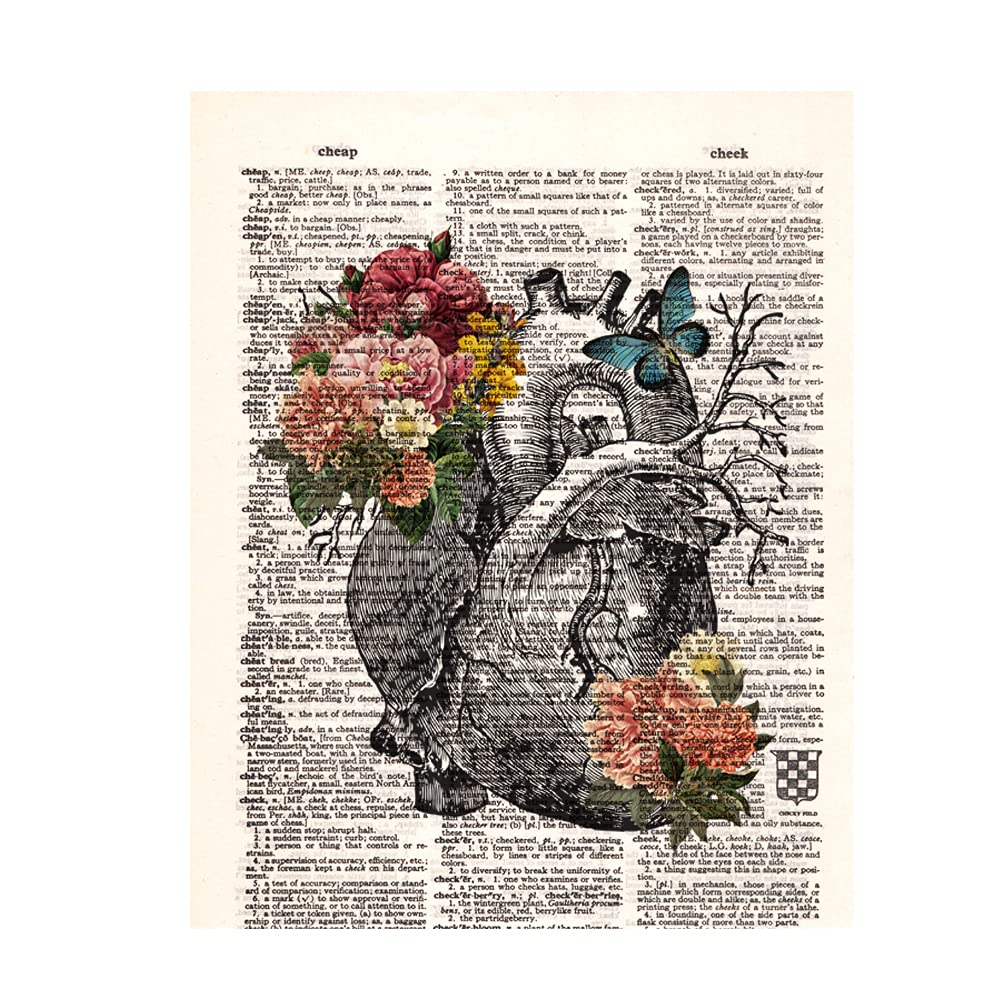 JioJio Chan Human Anatomy Vintage Dictionary Art Print Anatomy Art Print with Floral and Butterfly Arrangement Anatomical Wall Art Decor for Doctor Nurse for Office Home Decor 8inchX10inch
