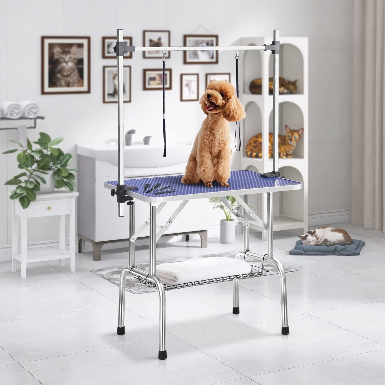 36 Inch Professional Adjustable Pet Grooming Table Heavy Duty with Arm Noose & Mesh Tray for Dog Cat Shower Table Maximum Capacity Up to 265Lb, Blue